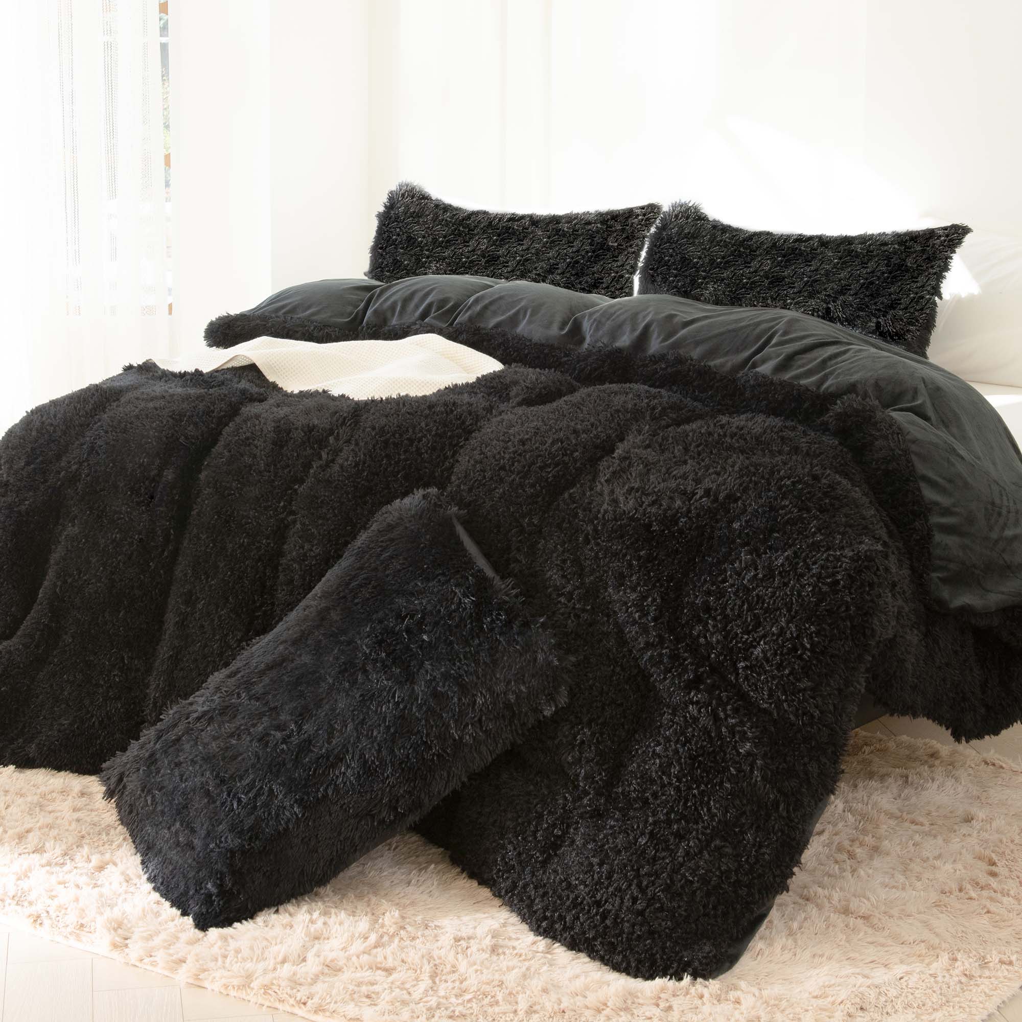 Litanika fluffy luxury shaggy plush comforter set in soft velvet, featuring three pieces for cozy bedding.