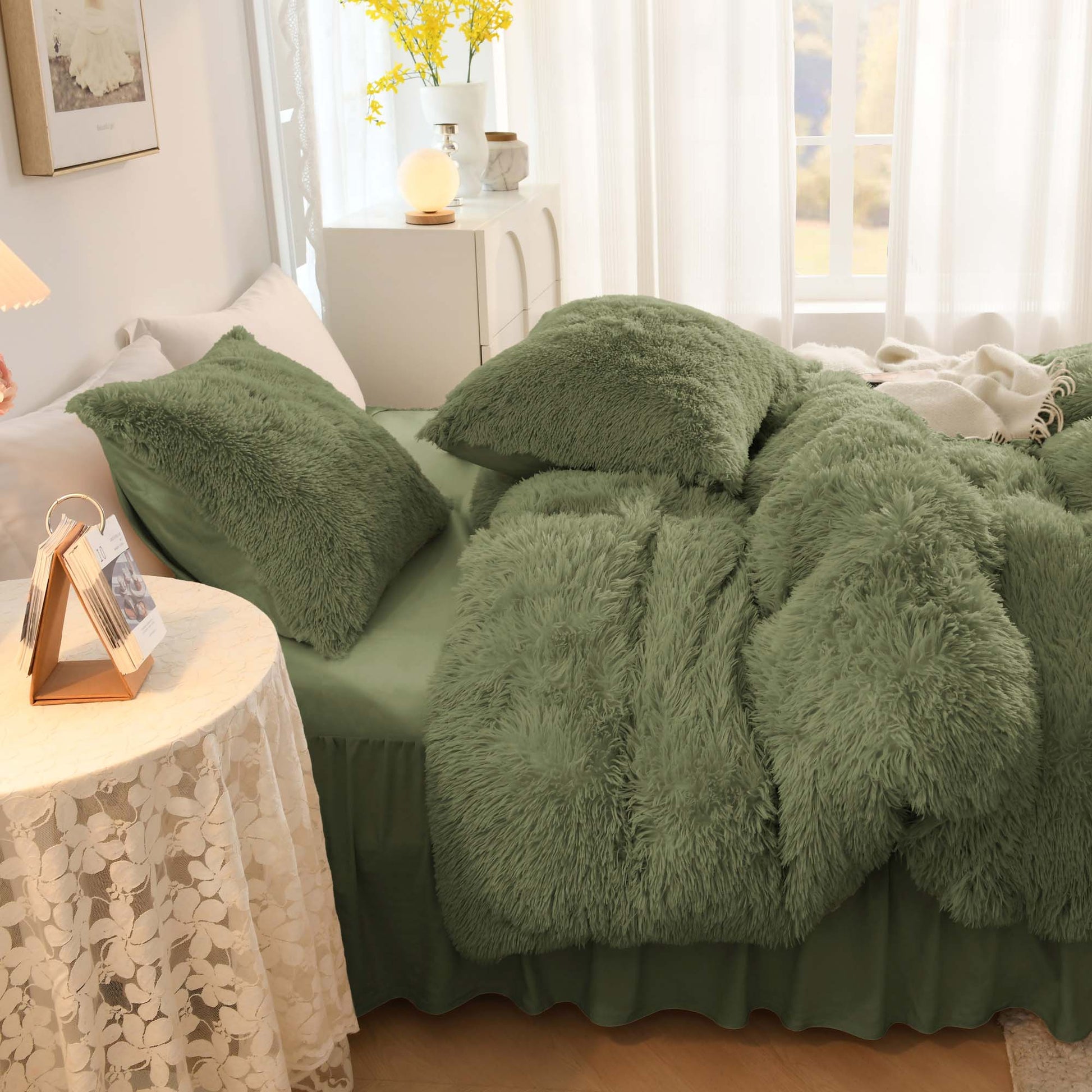 Litanika fluffy luxury shaggy plush comforter set in soft velvet, featuring a warm and cozy design with three pieces.