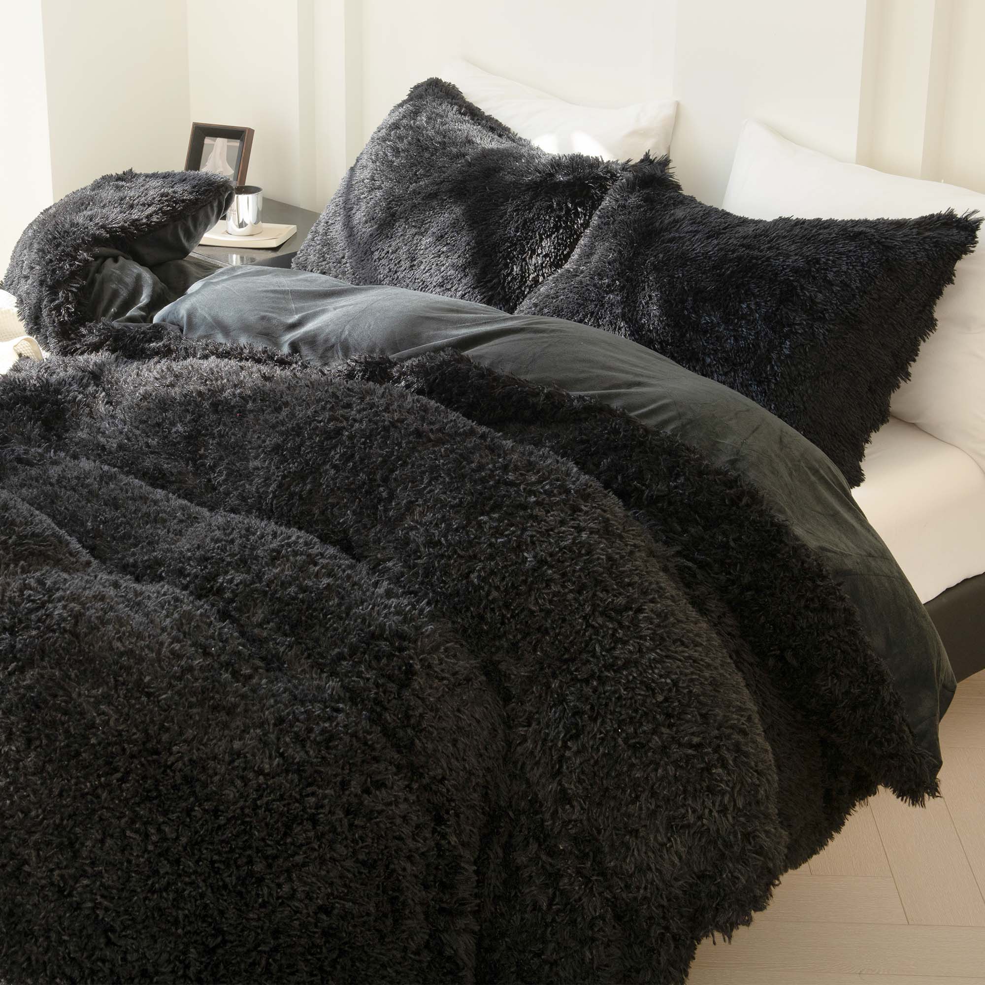 Litanika fluffy luxury shaggy plush comforter set in soft velvet, featuring three pieces for cozy bedding.