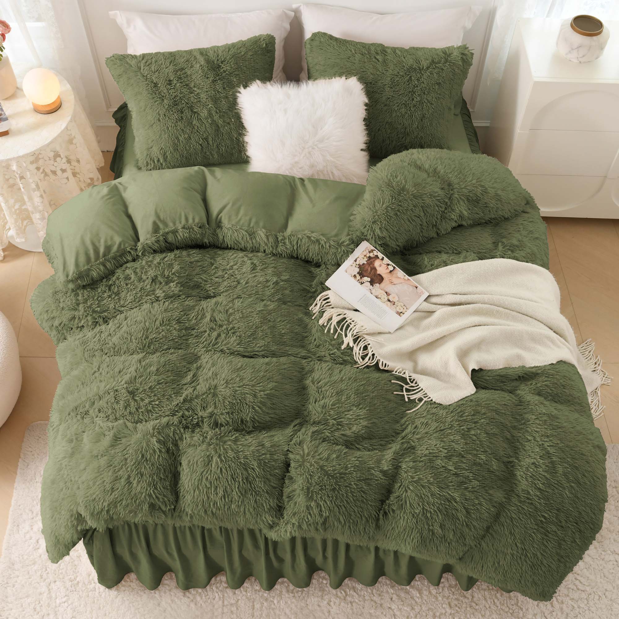 Litanika fluffy luxury shaggy plush comforter set in soft velvet, featuring three pieces for cozy bedding.