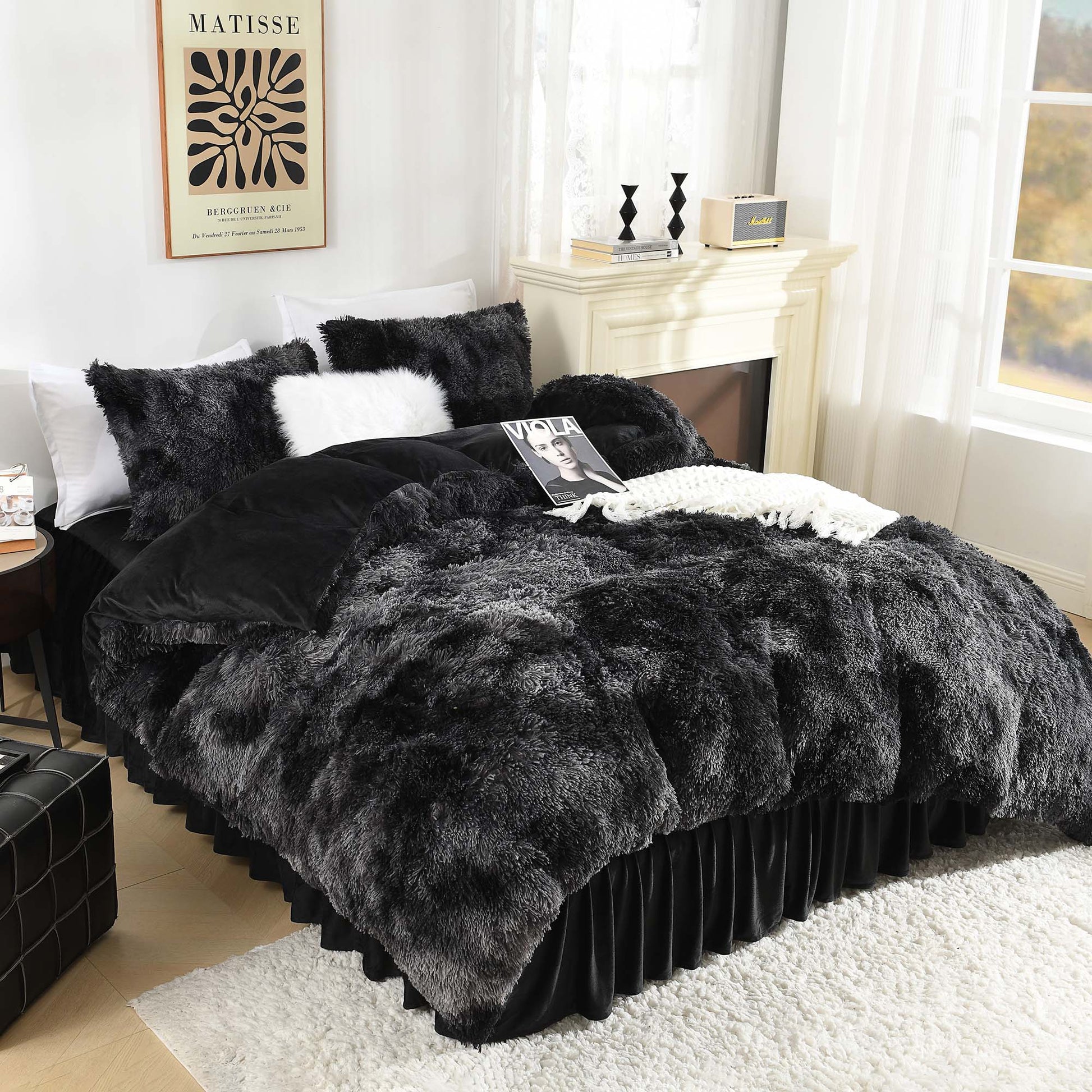 Litanika fluffy luxury shaggy plush velvet comforter set in soft colors, showcasing three pieces of cozy bedding.