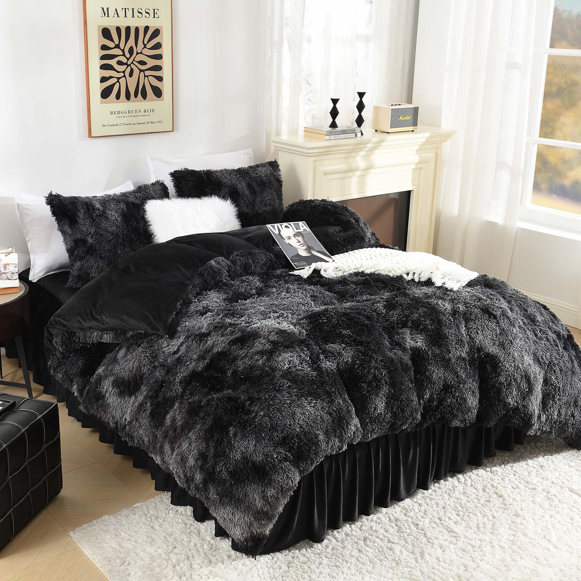 Litanika fluffy luxury shaggy plush velvet comforter set in soft colors, showcasing three pieces of cozy bedding.