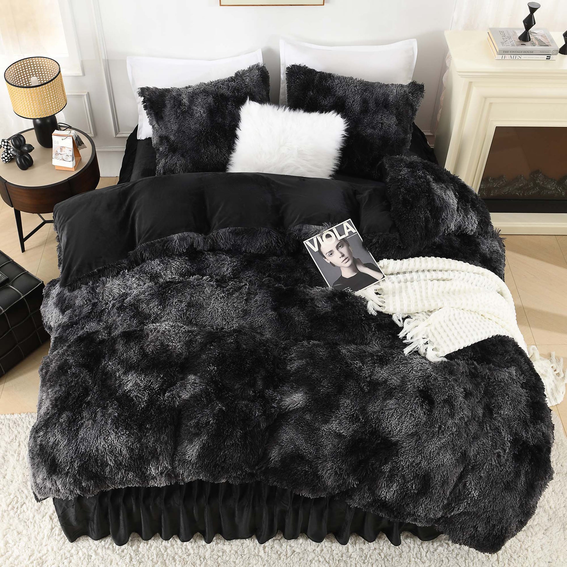 Litanika fluffy shaggy plush velvet comforter set featuring three soft, warm pieces in a cozy bedding arrangement.