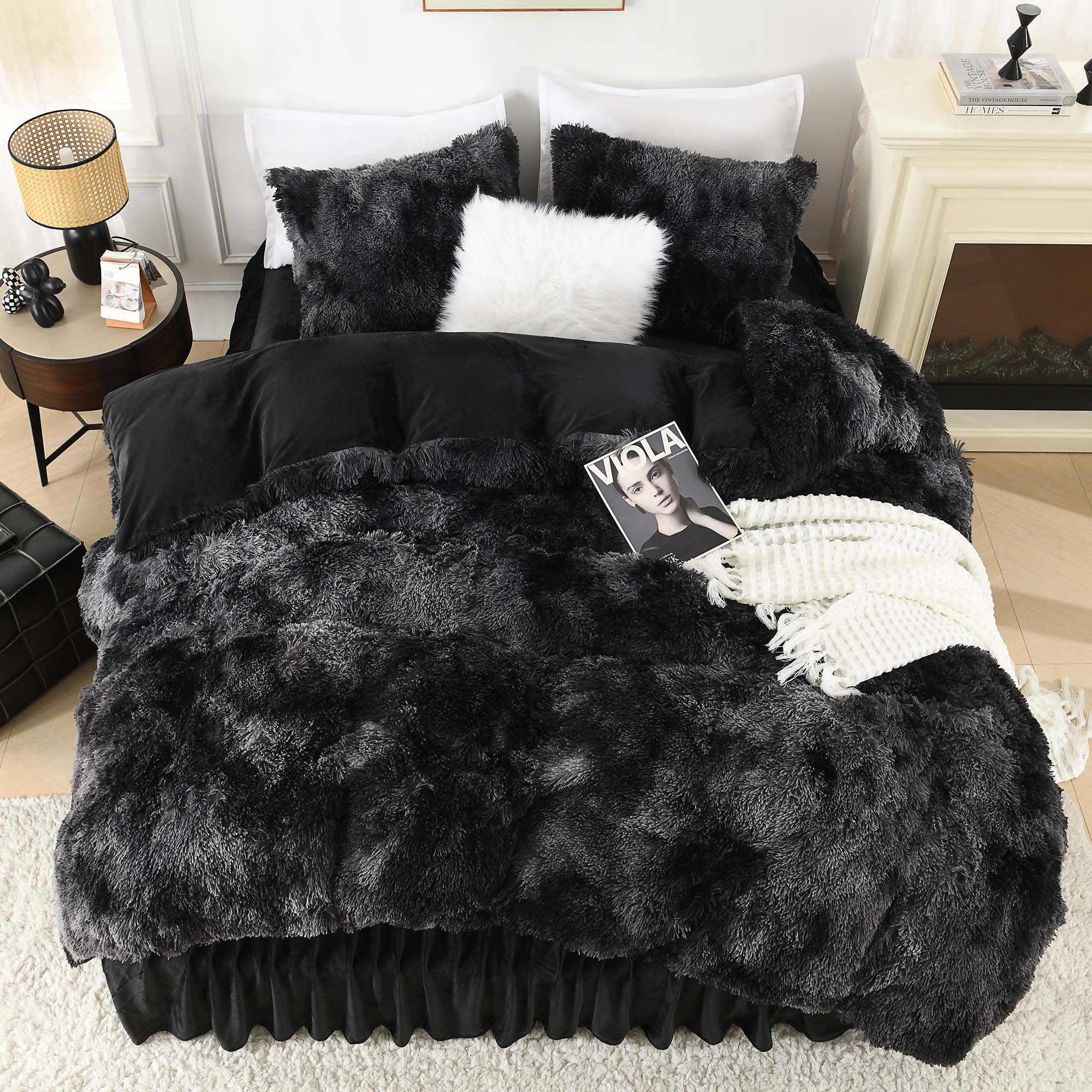 Litanika fluffy shaggy plush velvet comforter set featuring three soft, warm pieces in a cozy bedding arrangement.