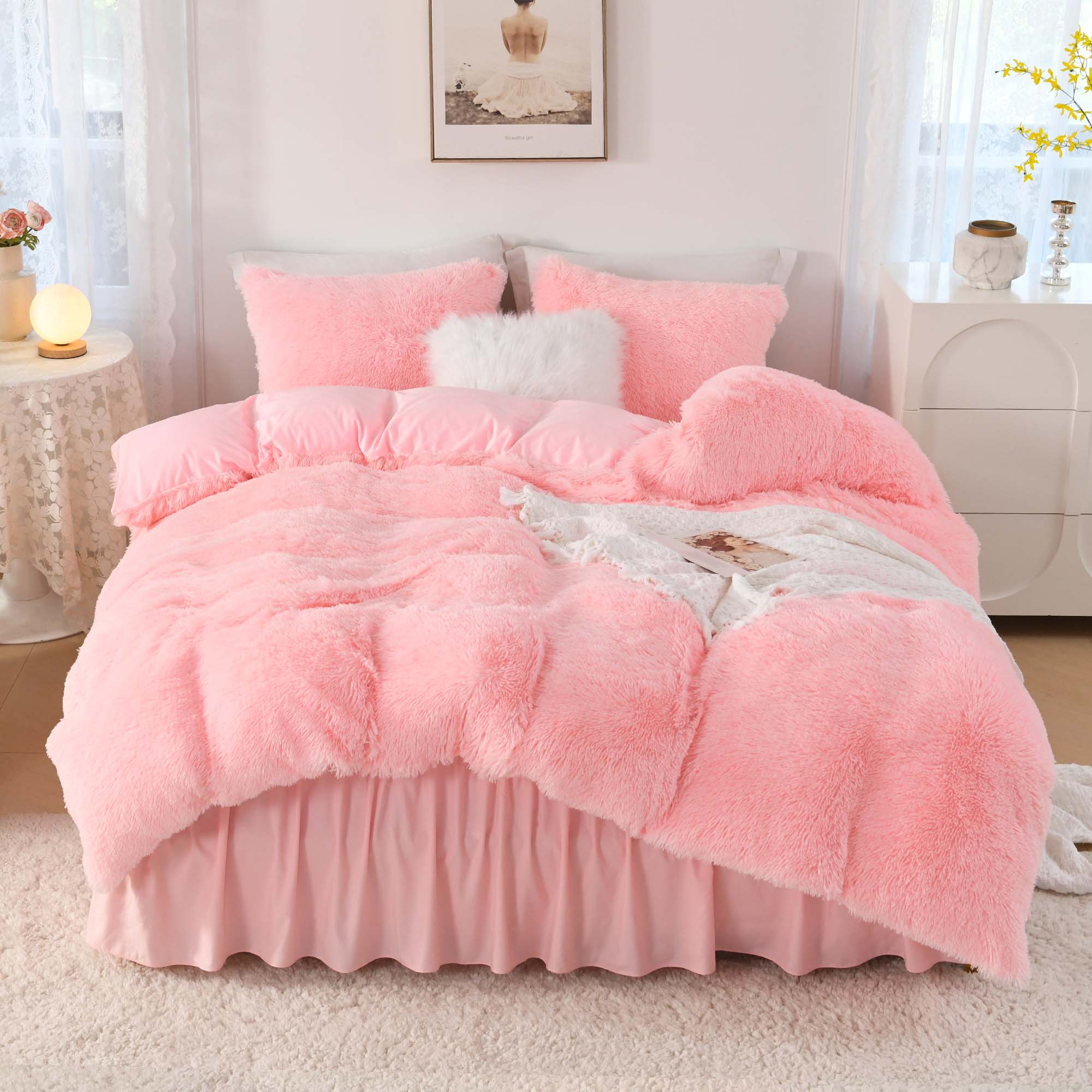 Litanika fluffy luxury shaggy plush comforter set with soft velvet texture, featuring three cozy bedding pieces.
