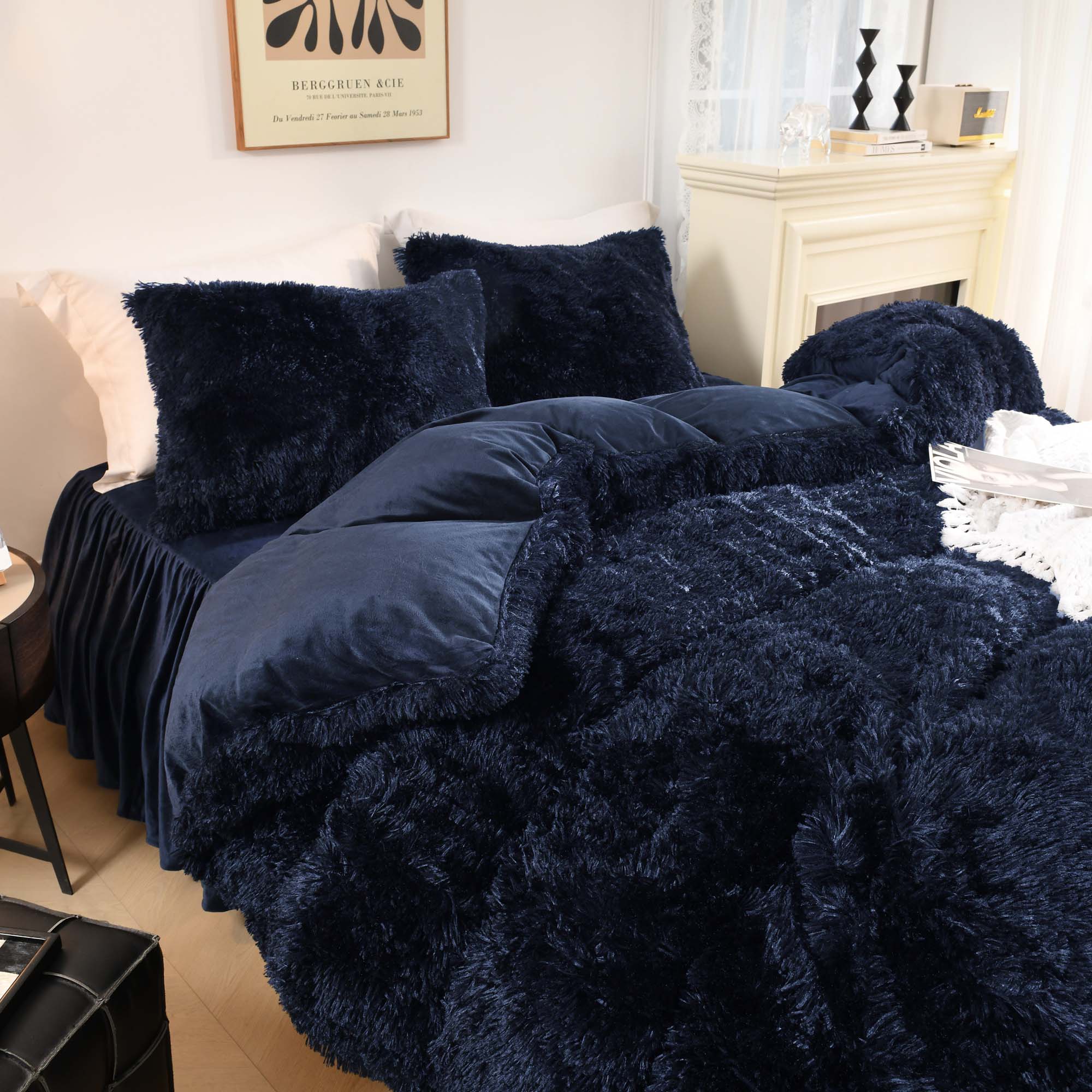 Litanika fluffy shaggy plush comforter set in soft velvet, featuring three pieces for cozy bedding decor.