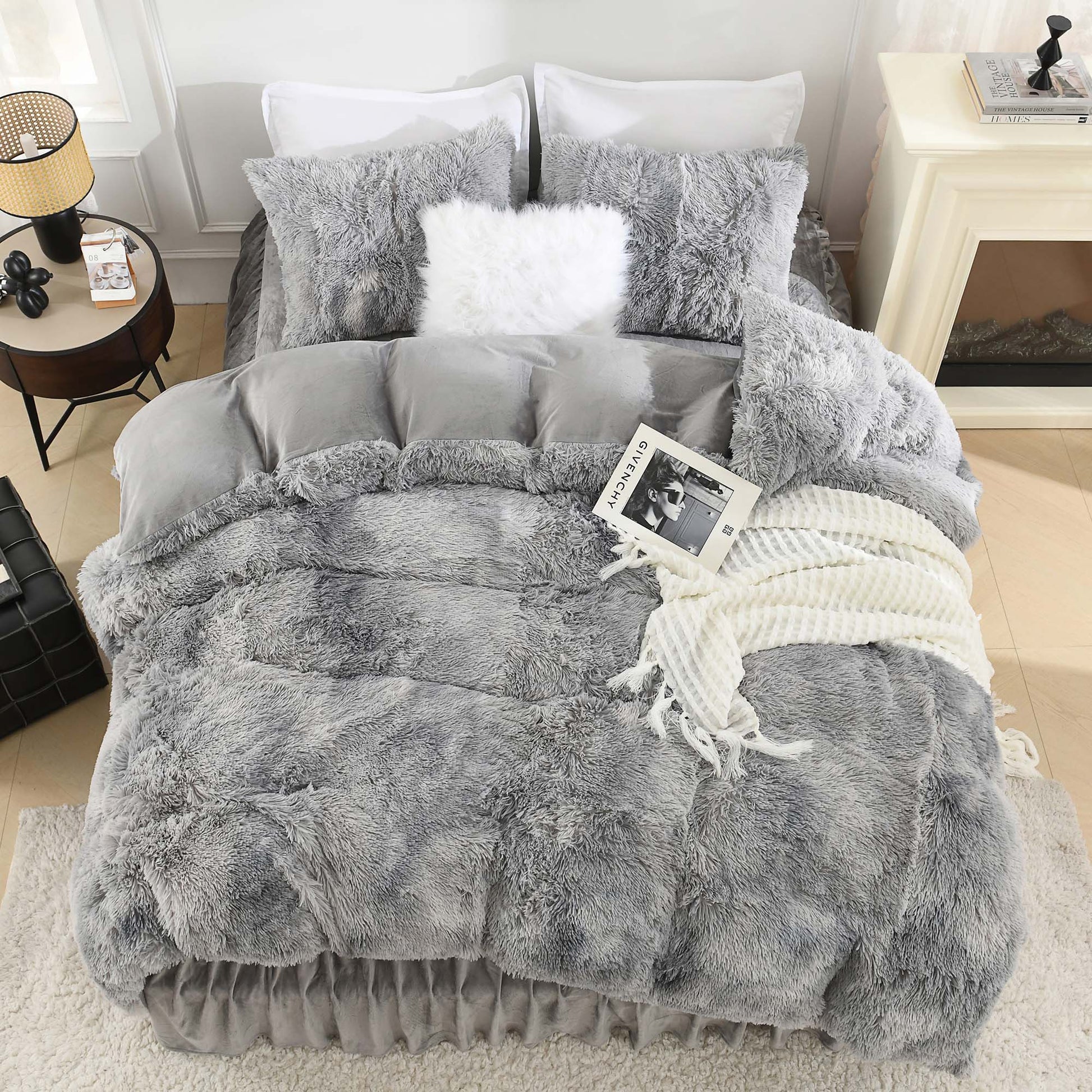 Litanika fluffy luxury shaggy plush comforter set in soft velvet, featuring three cozy pieces for bedding.