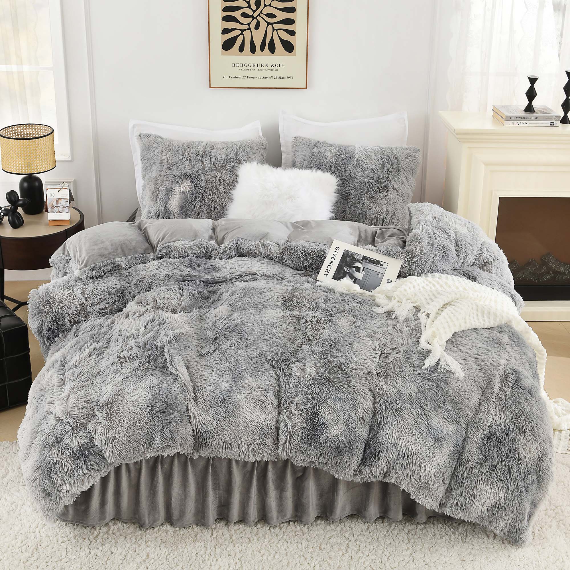 Litanika fluffy luxury shaggy plush comforter set in soft velvet, featuring warm textures and a cozy three-piece design.