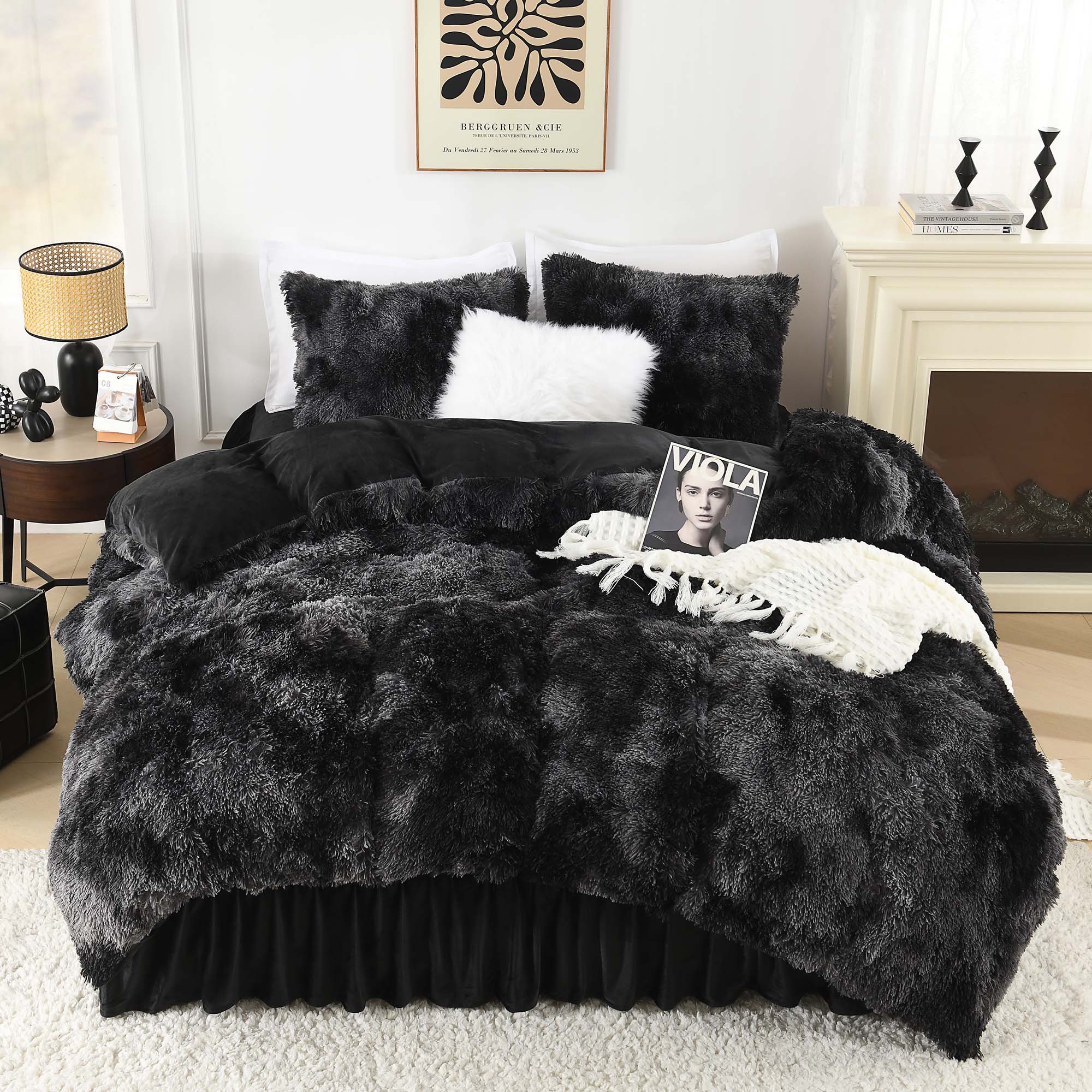 Litanika fluffy luxury shaggy plush comforter set, featuring ultra-soft velvet in a cozy bedding arrangement.