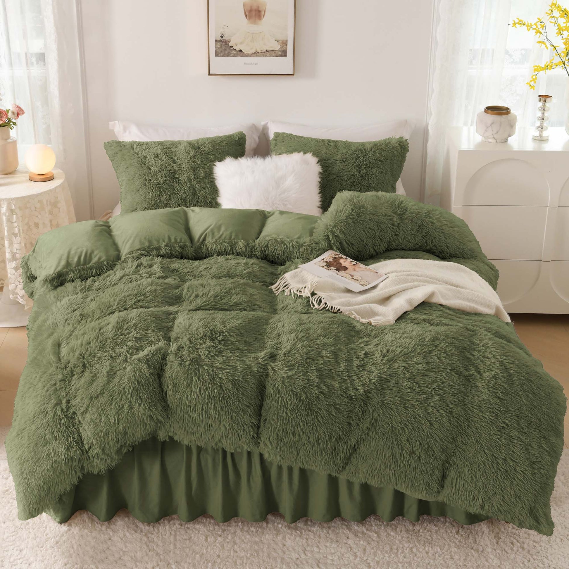 Litanika fluffy luxury shaggy plush velvet comforter set in soft tones, featuring three pieces for cozy bedding.