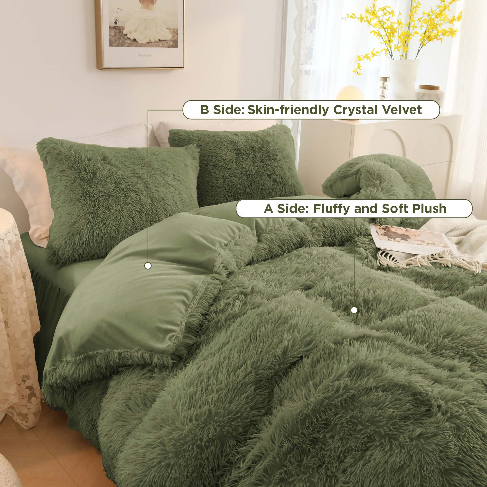 Litanika fluffy shaggy plush comforter set in soft velvet with three pieces, showcasing warm textures and cozy design.
