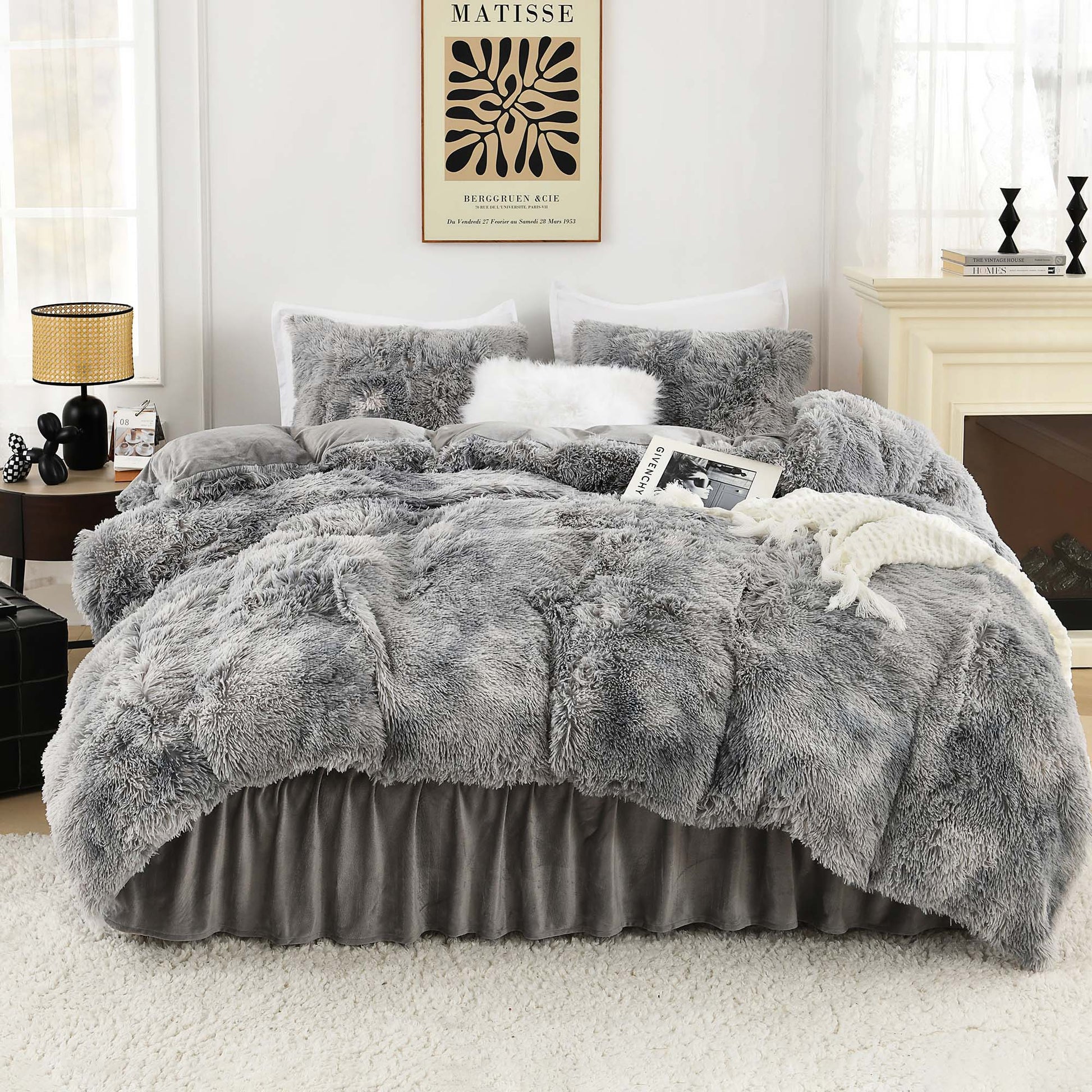 Litanika fluffy luxury shaggy plush velvet comforter set in soft textures, featuring three cozy pieces for bedding.