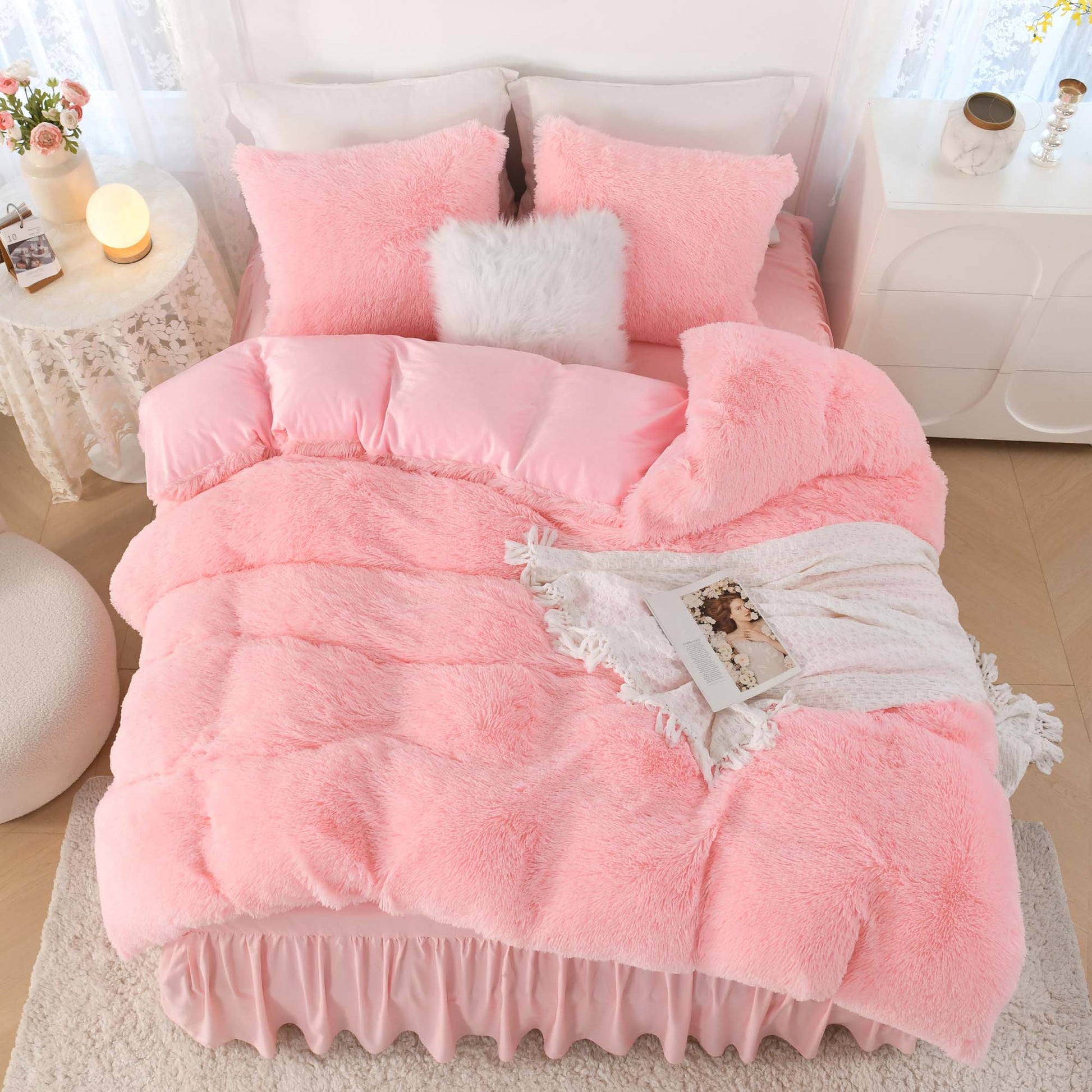 Litanika fluffy luxury shaggy plush comforter set in soft velvet, featuring three pieces for cozy bedding.