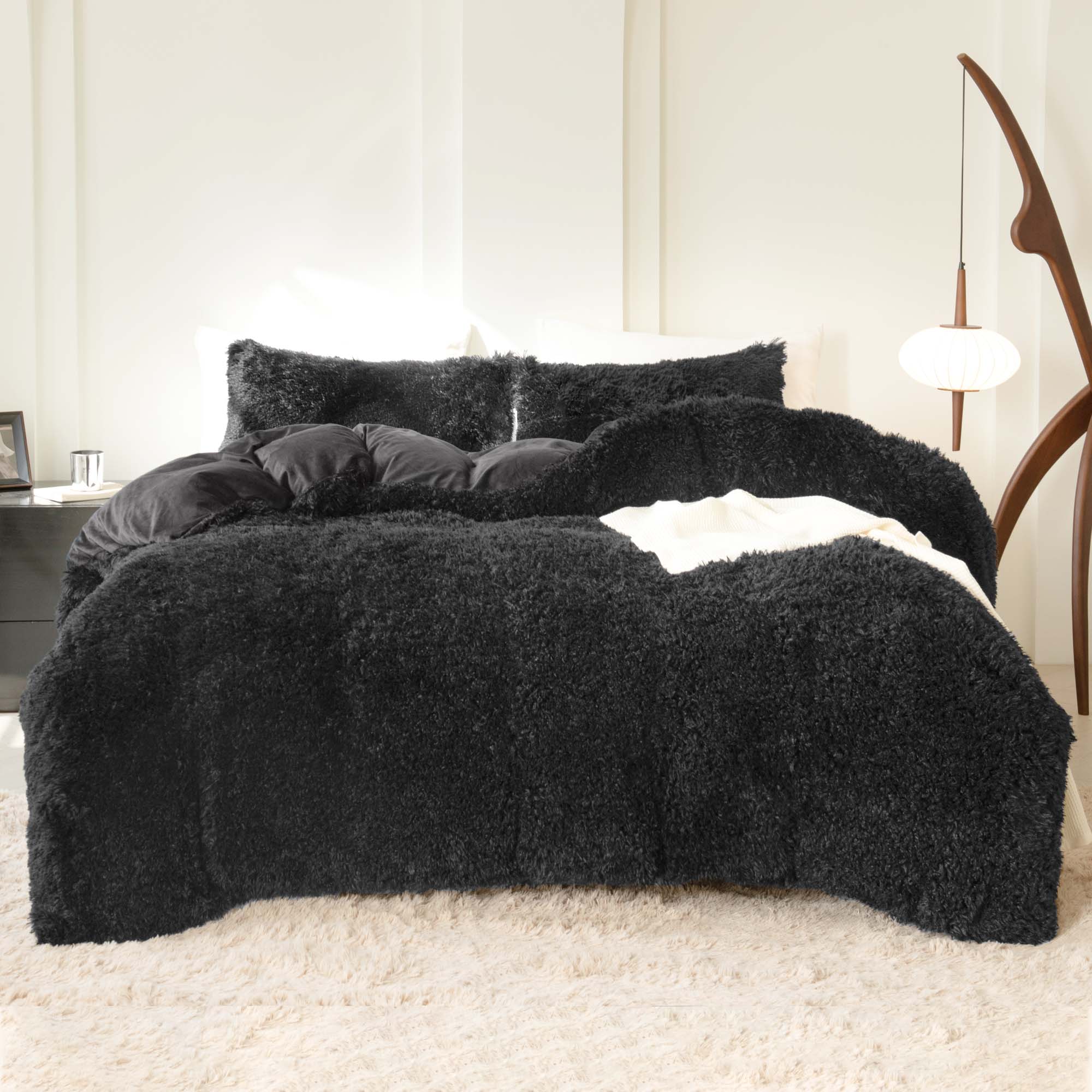 Litanika fluffy luxury shaggy plush comforter set in soft velvet with three pieces arranged on a cozy bed.