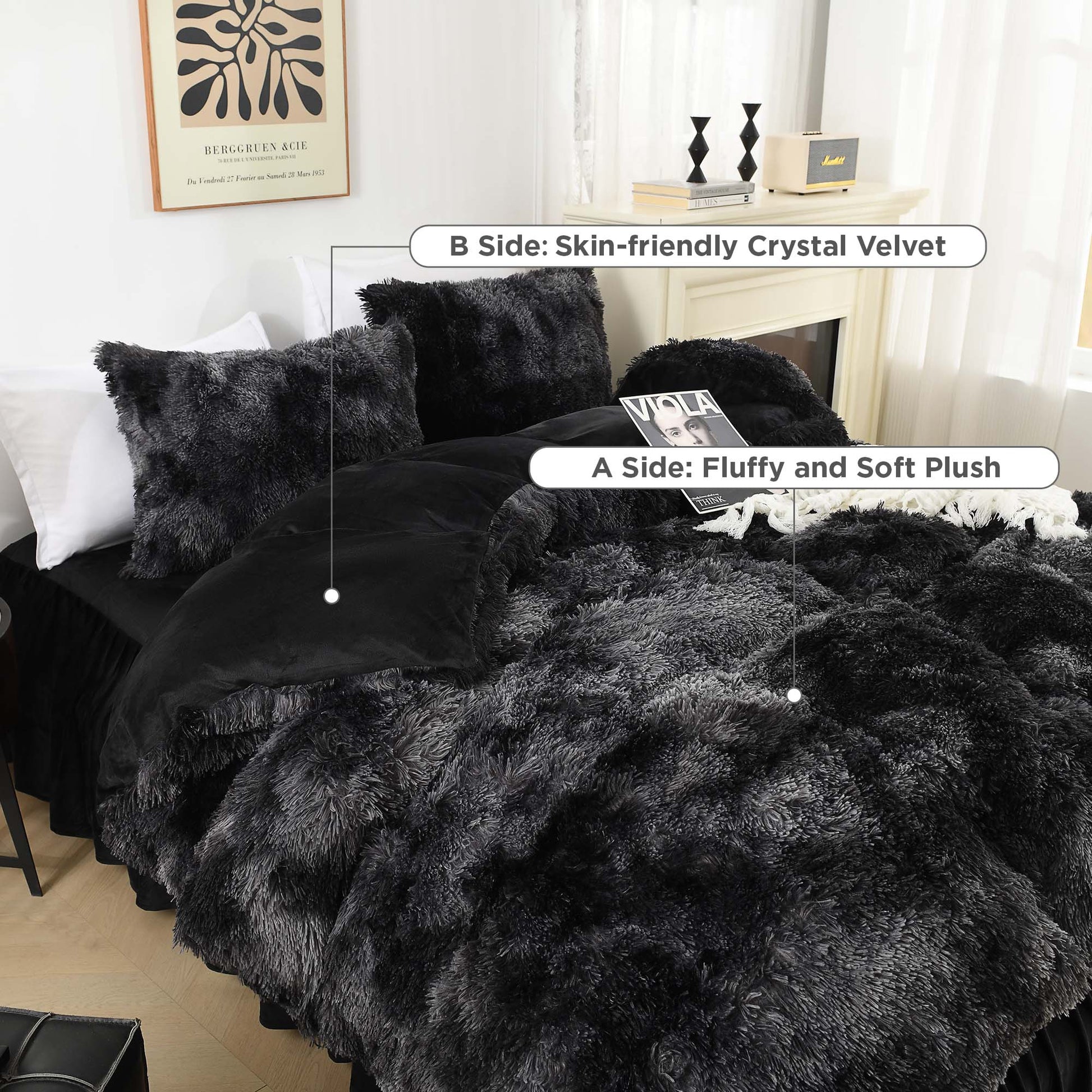 Litanika fluffy luxury shaggy plush comforter set in soft velvet, featuring three cozy pieces for warm bedding.