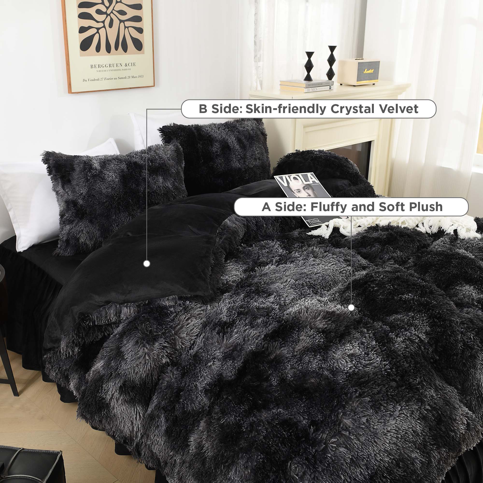 Litanika fluffy luxury shaggy plush comforter set in soft velvet, featuring three cozy pieces for warm bedding.