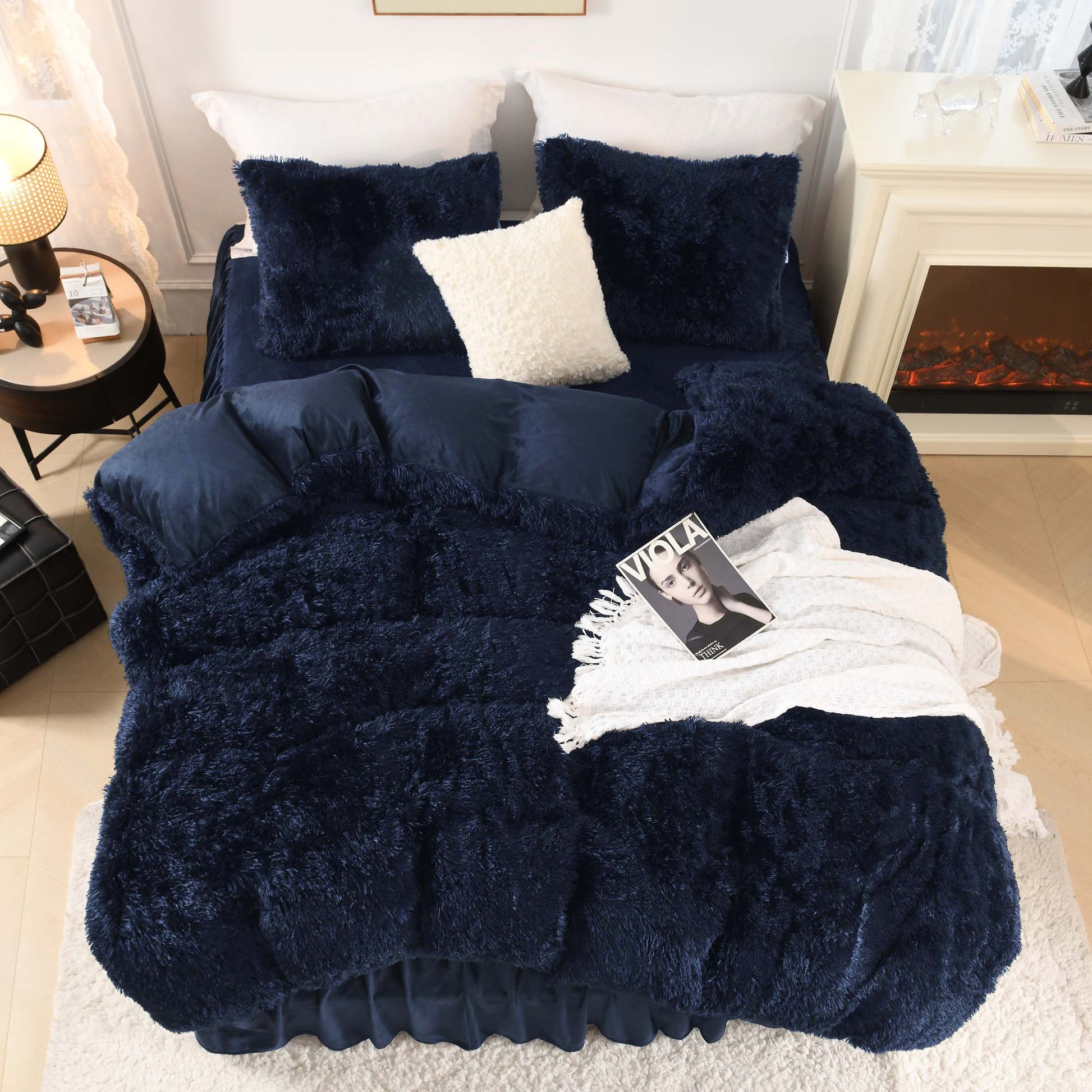 Litanika fluffy luxury shaggy plush velvet comforter set in soft textures, featuring three cozy bedding pieces.