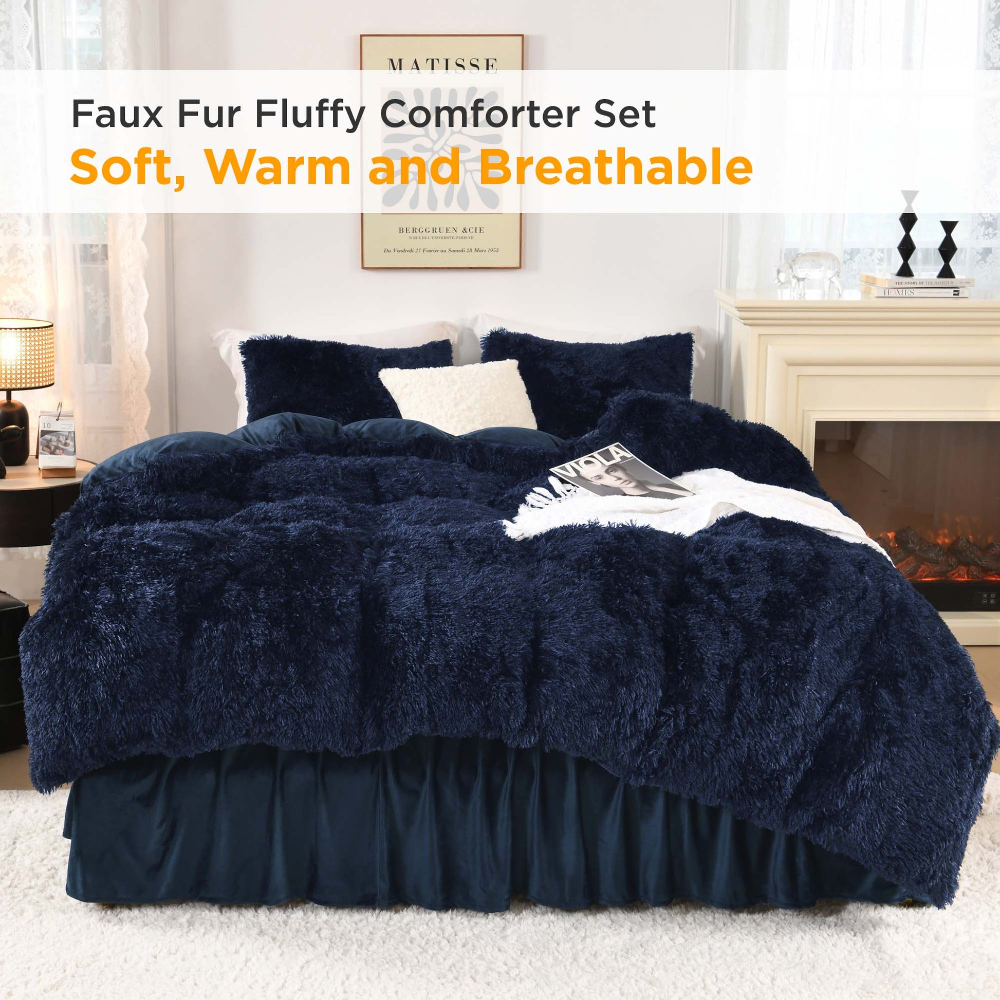 Litanika fluffy luxury shaggy plush velvet comforter set with three pieces in soft, warm textures and cozy design.