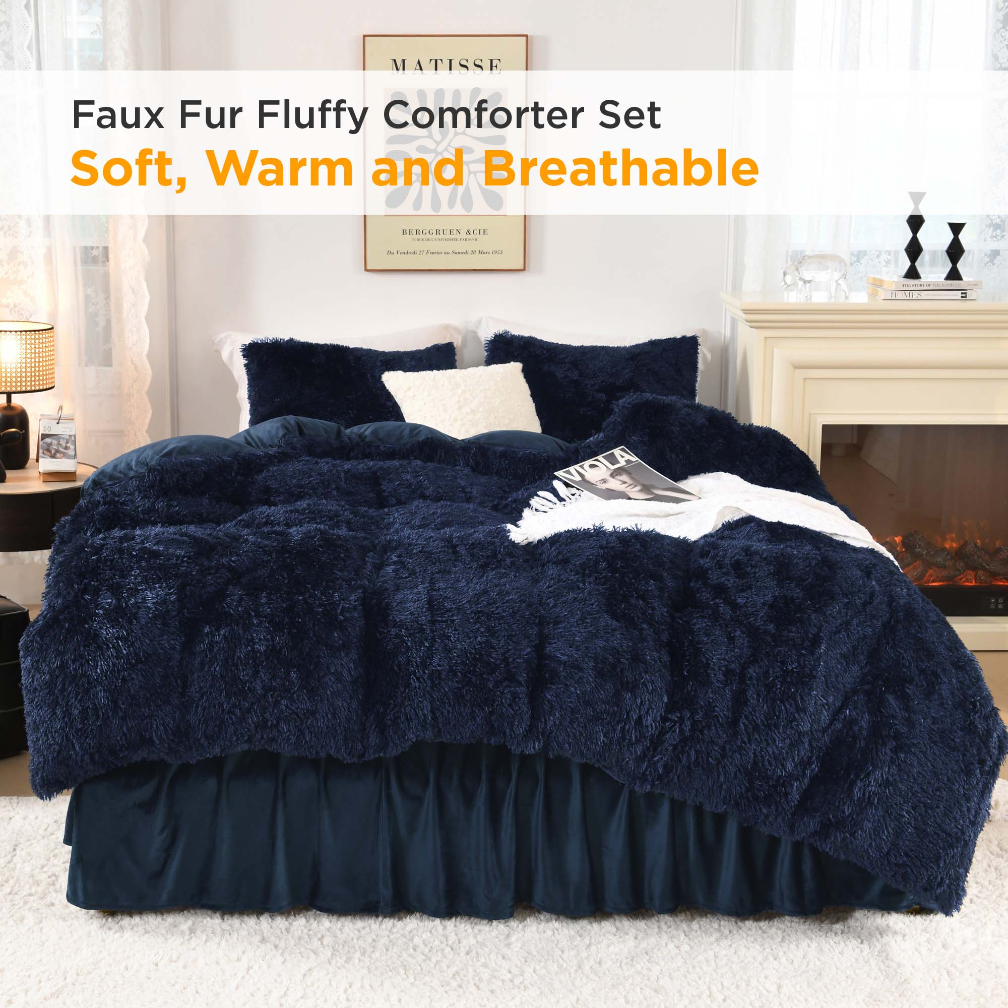 Litanika fluffy luxury shaggy plush velvet comforter set with three pieces in soft, warm textures and cozy design.