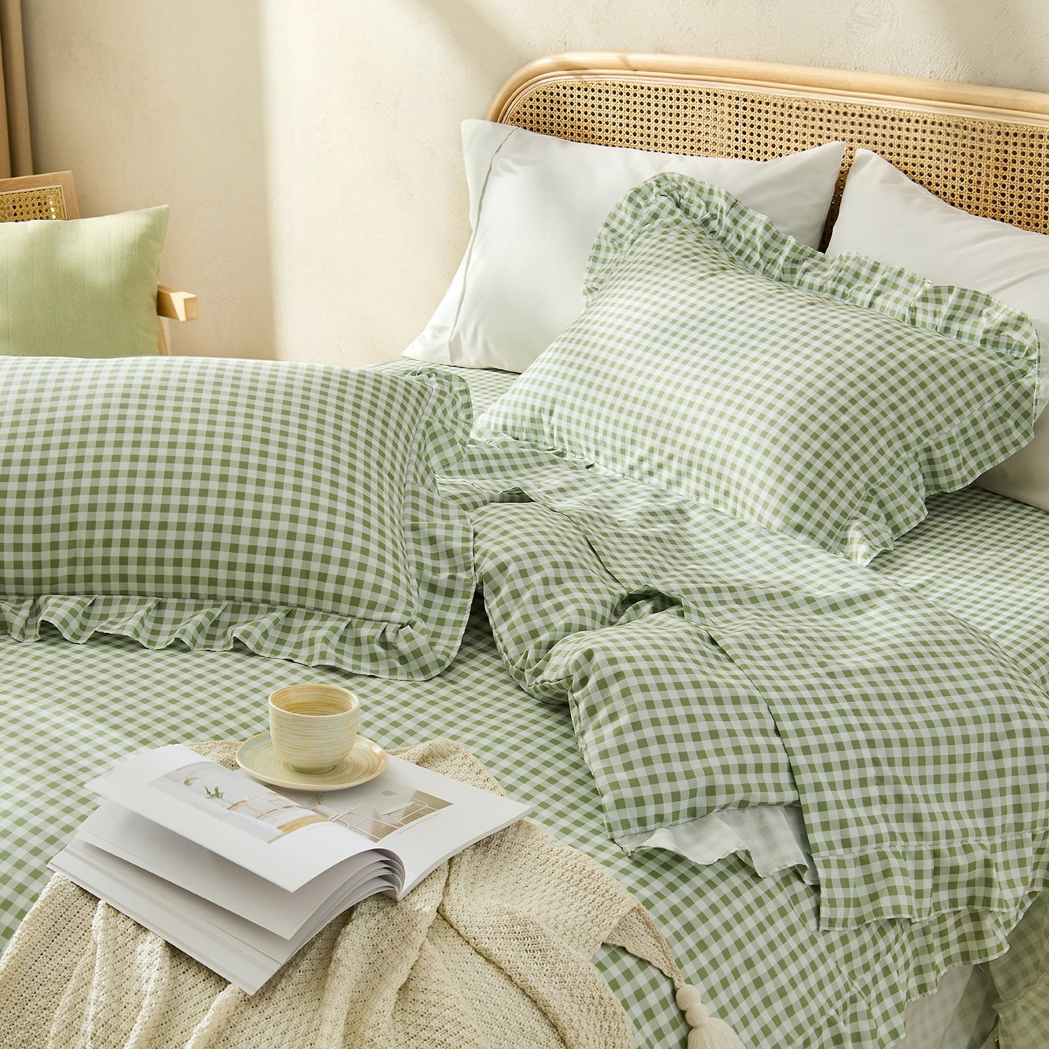 Gingham Duvet Cover Set, 3 Piece Ruffle Farmhouse Bedroom Decor - LITANIKA