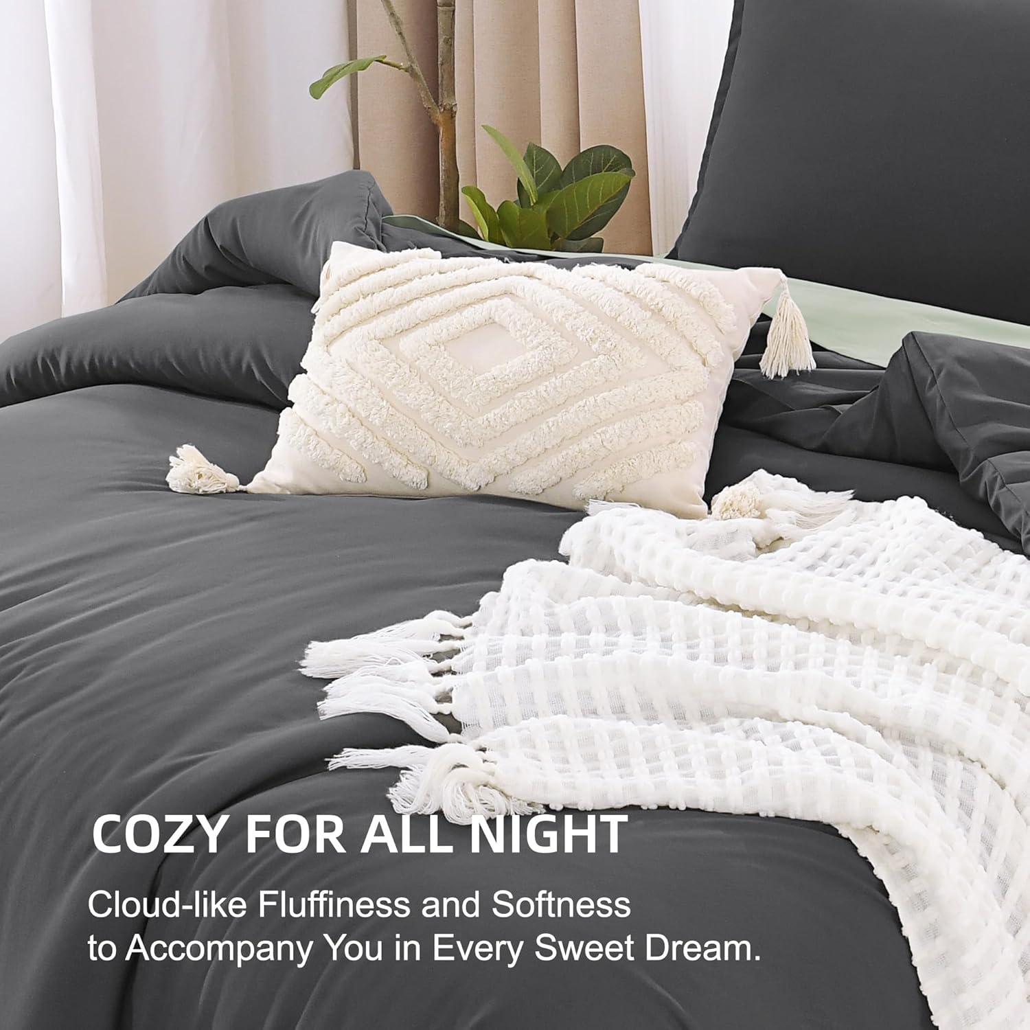 Litanika lightweight solid down alternative 3-piece comforter bedding set with matching pillow shams on a bed.