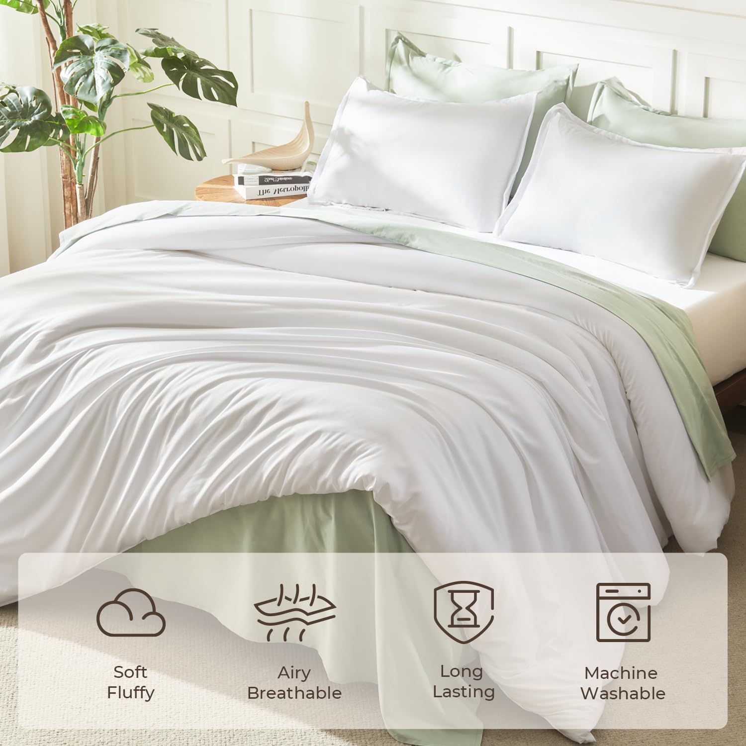 Litanika lightweight solid down alternative 3-piece comforter bedding set with matching pillow shams on a bed.