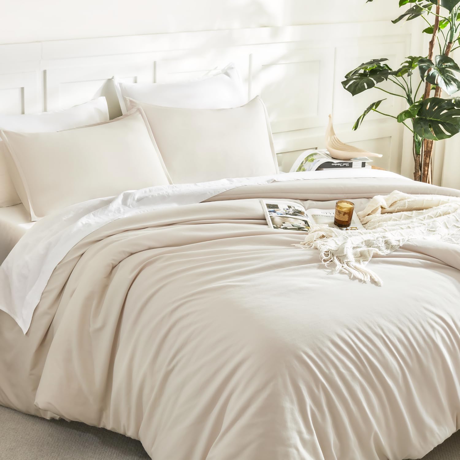 Litanika lightweight solid down alternative 3-piece comforter bedding set with cozy, soft fabric in neutral tones.