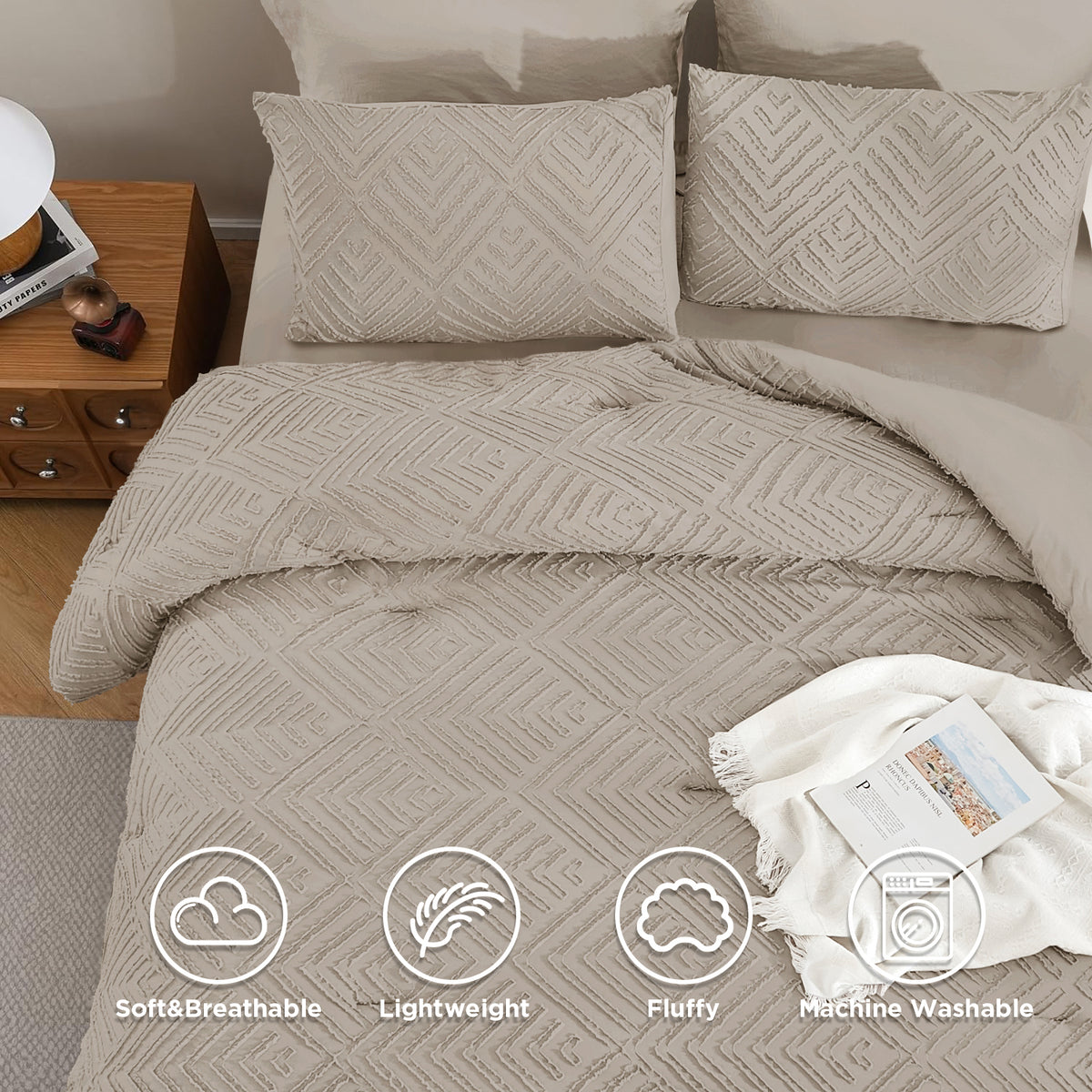 ANGENIA Comforter Sets - 7 Pieces Bed in a Bag Soft Fluffy Bedding Comforter Sets, All Season Boho Tufted Bed Set with Comforter, Sheets, Pillowcases & Shams