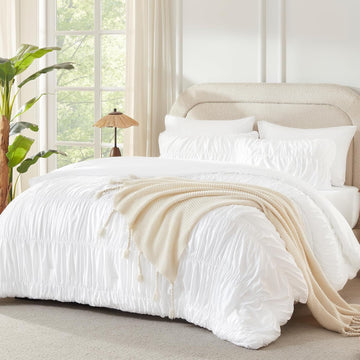 Litanika Ruched Comforter Set, Boho Ruffle Bedding Set 3 Pieces, Shabby Chic Bed Set, Lightweight Soft Pleatd Comforter - LITANIKA