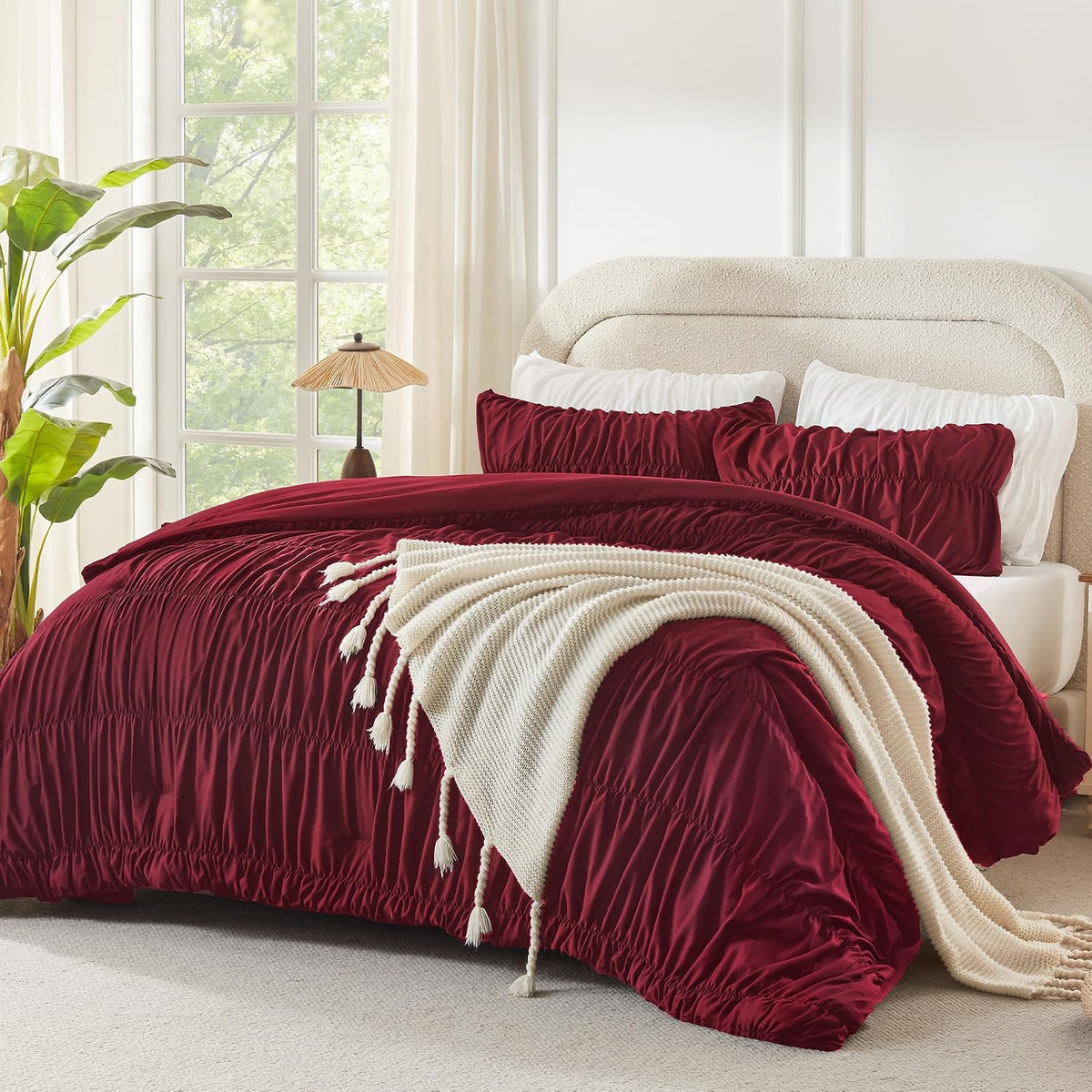 Litanika Ruched Comforter Set, Boho Ruffle Bedding Set 3 Pieces, Shabby Chic Bed Set, Lightweight Soft Pleatd Comforter - LITANIKA