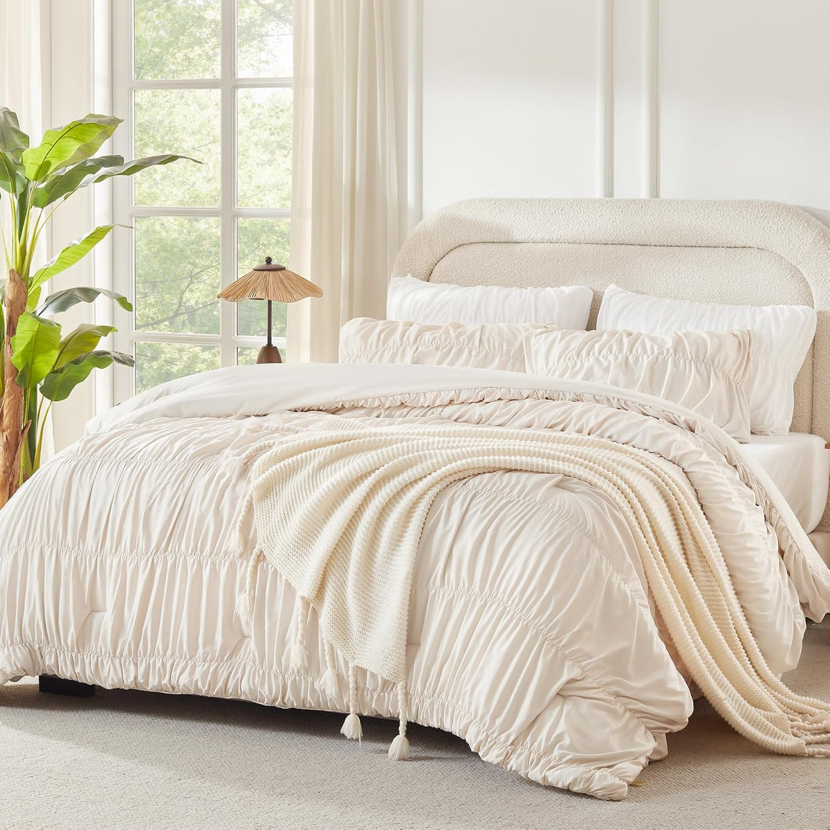Litanika Ruched Comforter Set, Boho Ruffle Bedding Set 3 Pieces, Shabby Chic Bed Set, Lightweight Soft Pleatd Comforter - LITANIKA