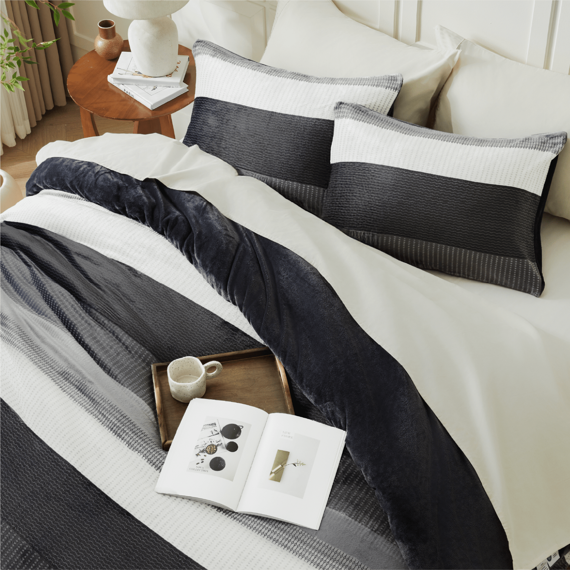 Litanika plush fuzzy stripe comforter set with soft, luxurious bedding and cozy, textured stripes in a stylish design.