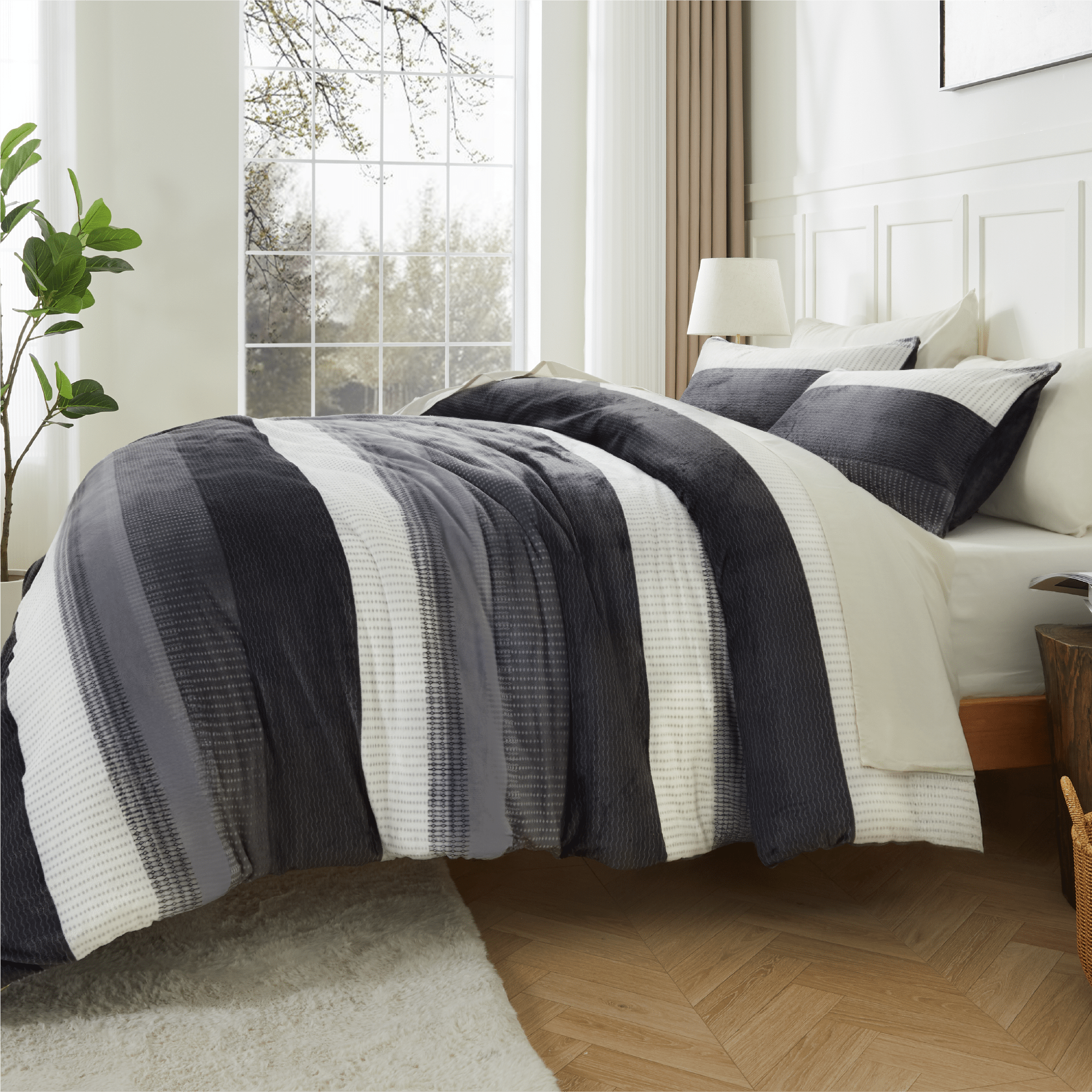 Luxury plush fuzzy stripe bedding comforter set by Litanika featuring soft, cozy fabric and stylish stripe design.
