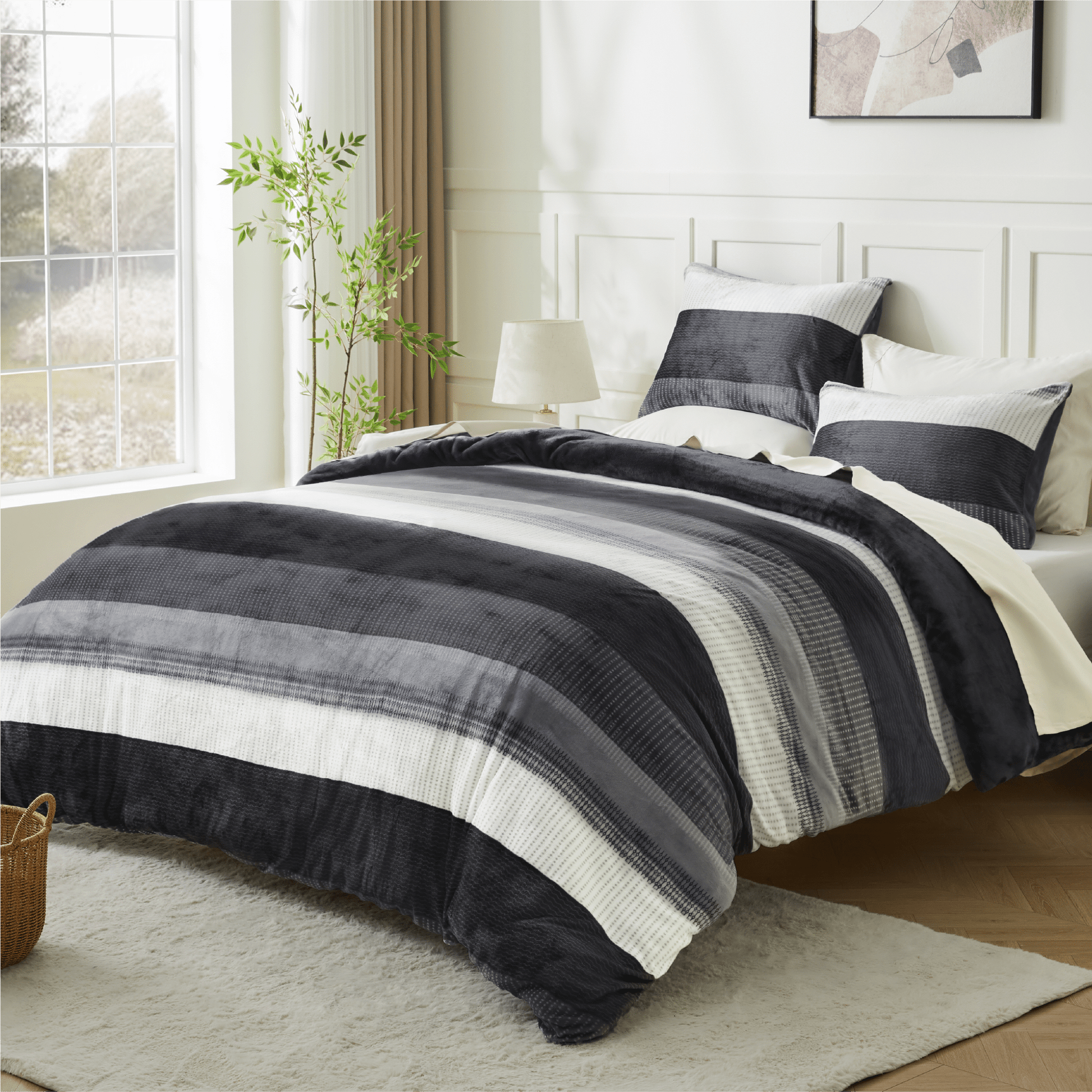 Luxury plush fuzzy stripe comforter set by Litanika featuring soft, cozy bedding with a stylish striped design.