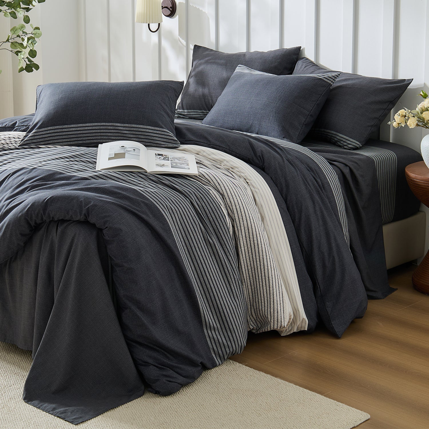 Modern striped Litanika 3-piece duvet cover bedding set with contemporary design and neutral colors for stylish bedroom decor.