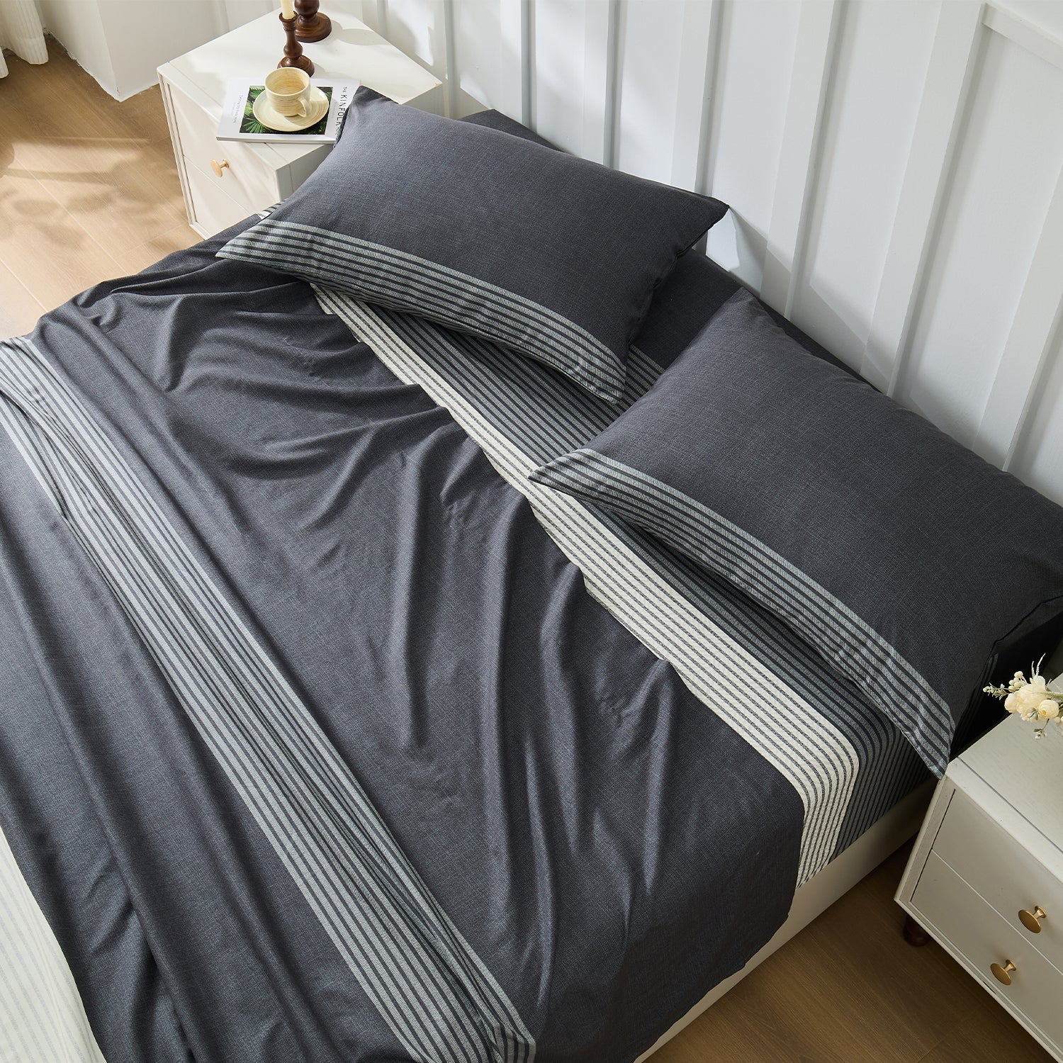 Litanika modern striped 4-piece bedding sheet set with sleek design and soft fabric for a stylish bedroom upgrade.