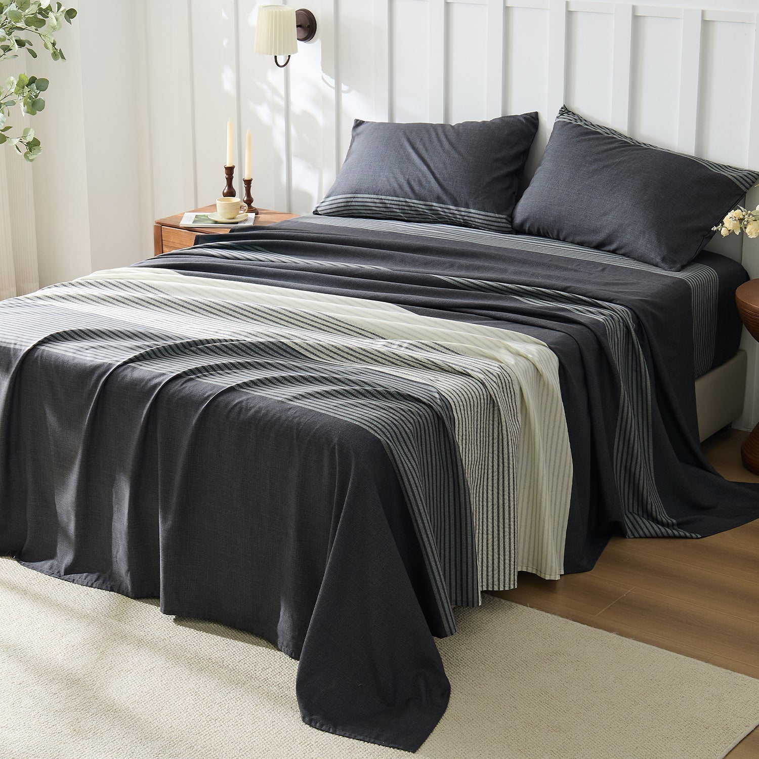 Litanika modern striped 4-piece bedding sheet set with white, gray, and navy blue stripes on soft fabric.