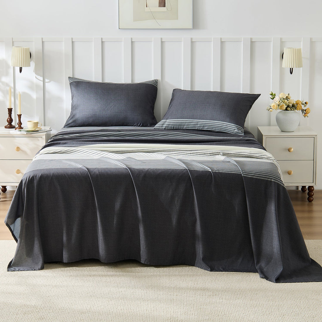Litanika modern striped 4-piece bedding sheet set with alternating neutral and bold stripe patterns on soft fabric