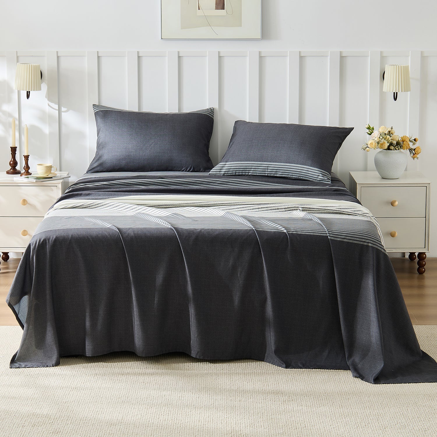 Litanika modern striped 4-piece bedding sheet set with blue and white patterns, soft and comfortable for a stylish bedroom.