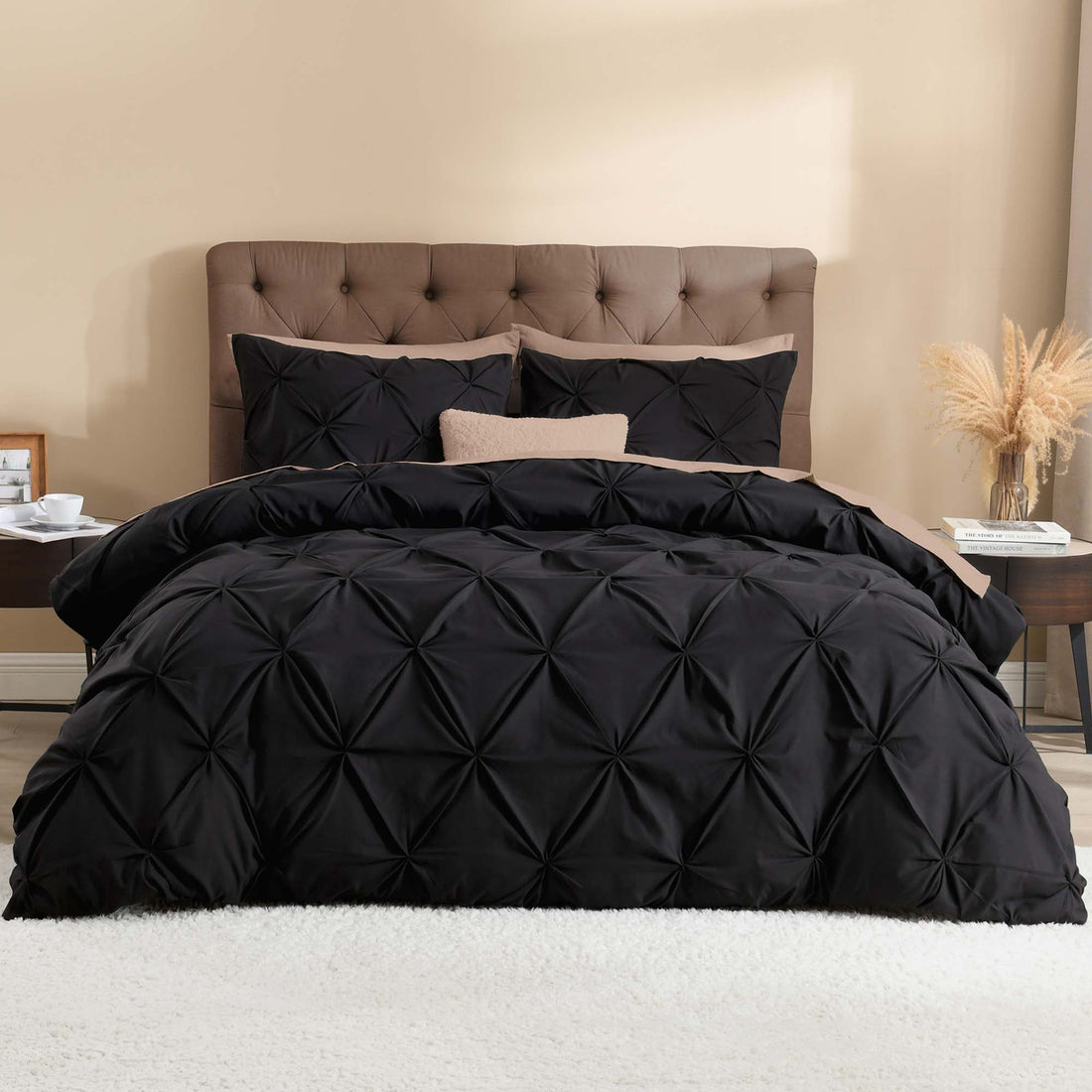 Litanika pinch pleat pintuck microfiber duvet cover set with matching pillow shams, soft bedding with elegant pleat detail.