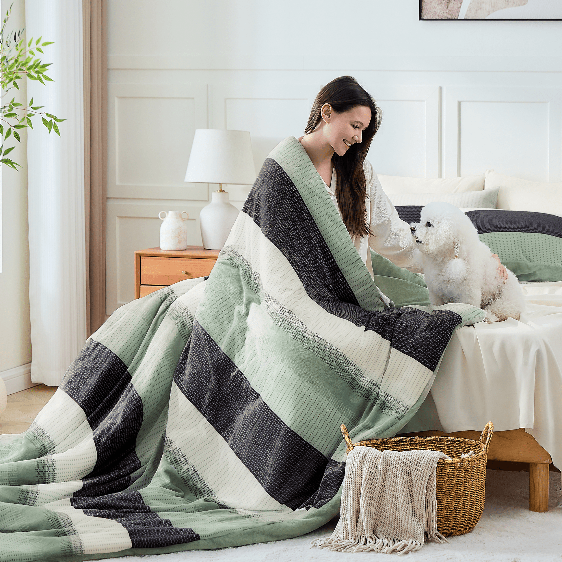 Litanika plush fuzzy stripe bedding comforter set with soft, cozy fabric and stylish striped design for a comfortable bedroom decor