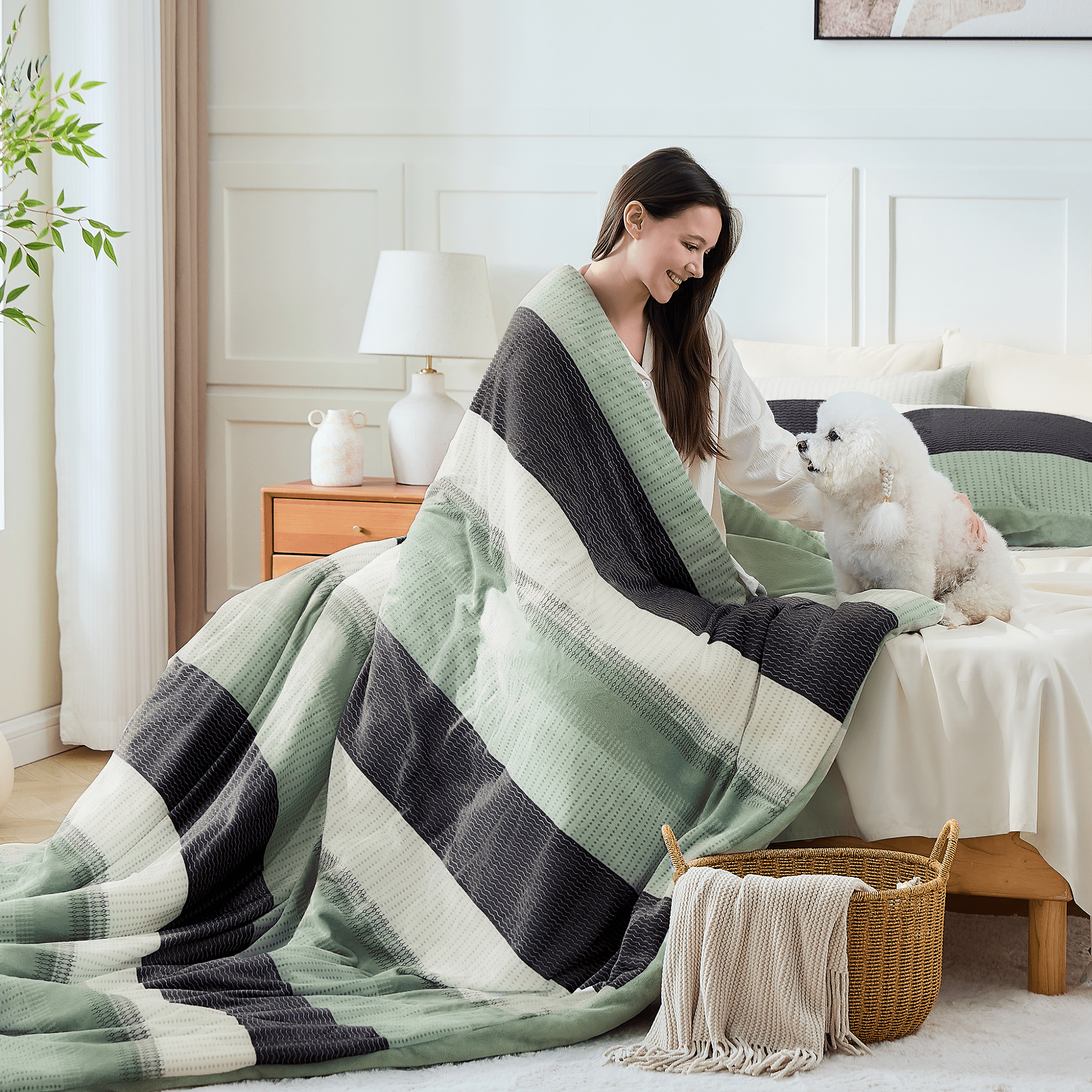 Litanika plush fuzzy stripe bedding comforter set with soft, cozy fabric and stylish striped design for a comfortable bedroom decor