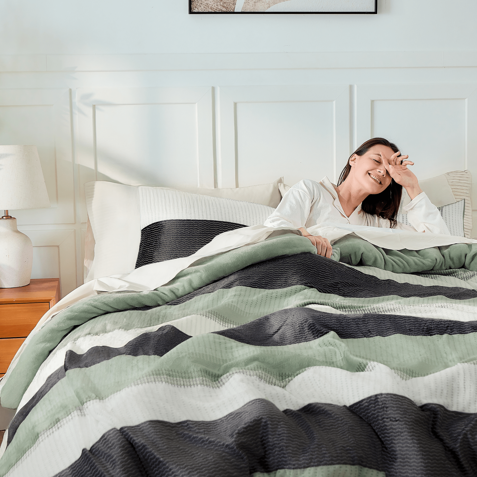 Litanika plush fuzzy stripe comforter set in soft bedding with cozy, textured stripes for a warm, inviting bedroom look