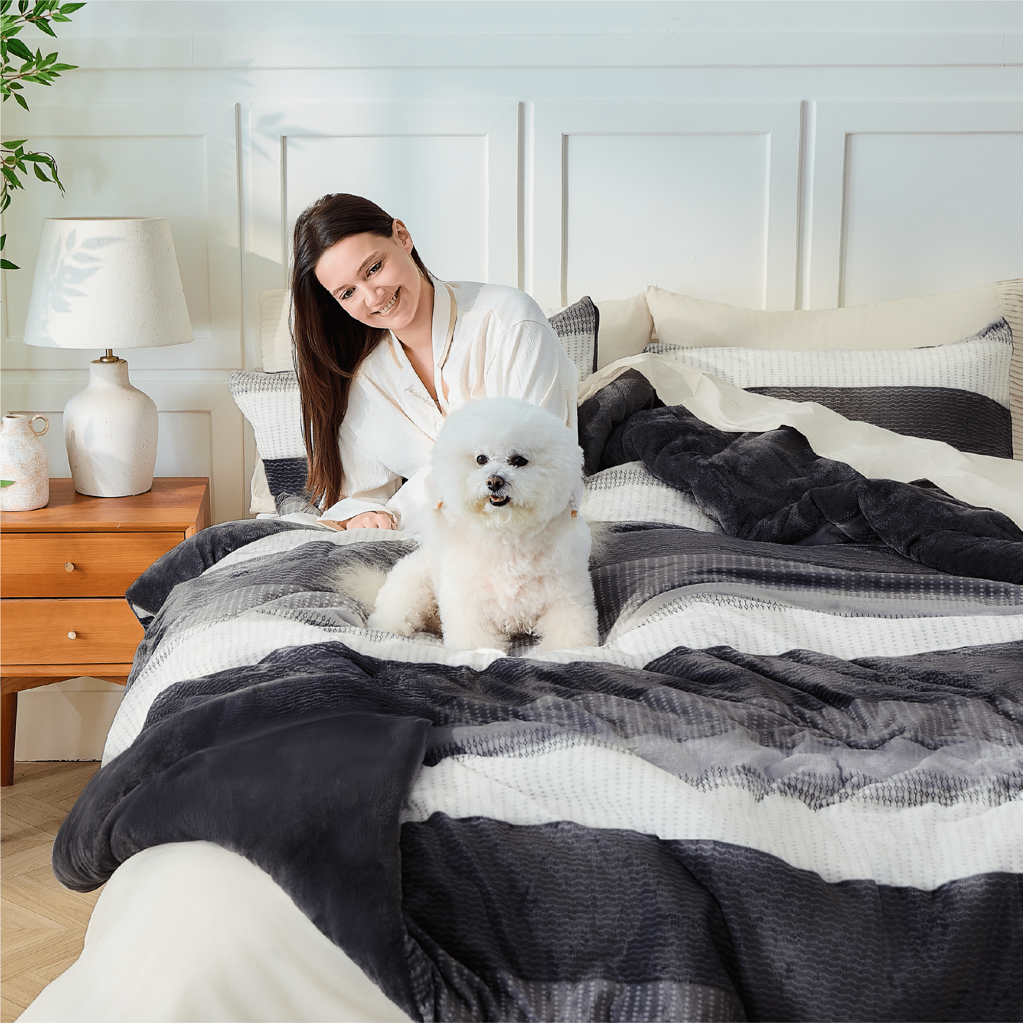 Litanika plush fuzzy stripe comforter set with soft, cozy bedding featuring a stylish striped pattern in warm colors.