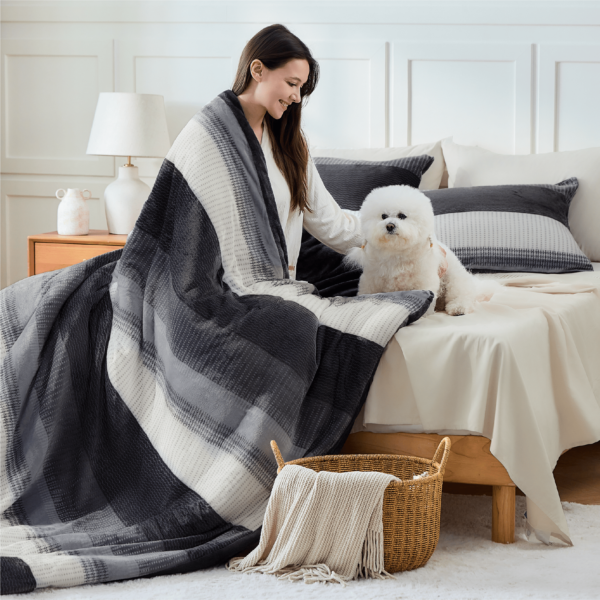 Litanika plush fuzzy stripe bedding comforter set with soft, cozy fabric and stylish striped pattern for a comfortable bedroom decor.