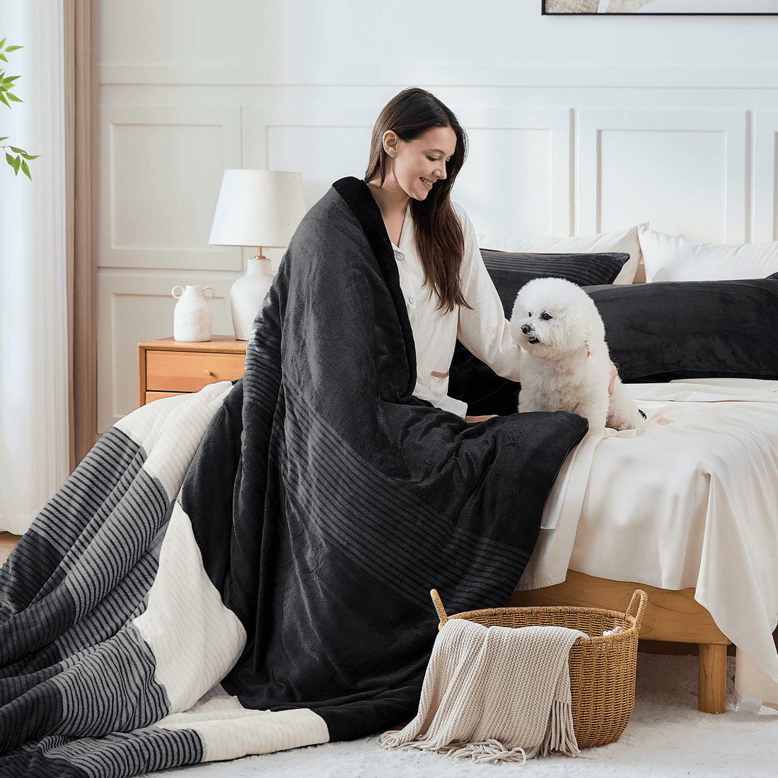 Luxury plush fuzzy stripe comforter set by Litanika featuring soft, cozy bedding with a stylish striped design.