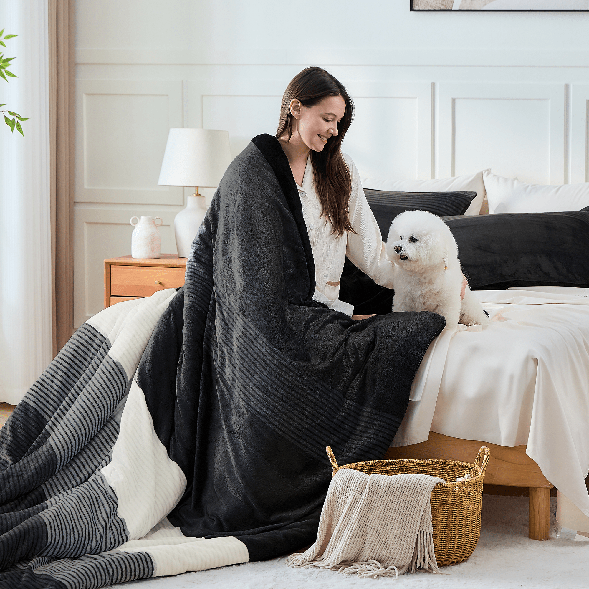 Litanika plush fuzzy stripe comforter set featuring soft, cozy bedding with a stylish striped pattern for a comfortable bedroom look.