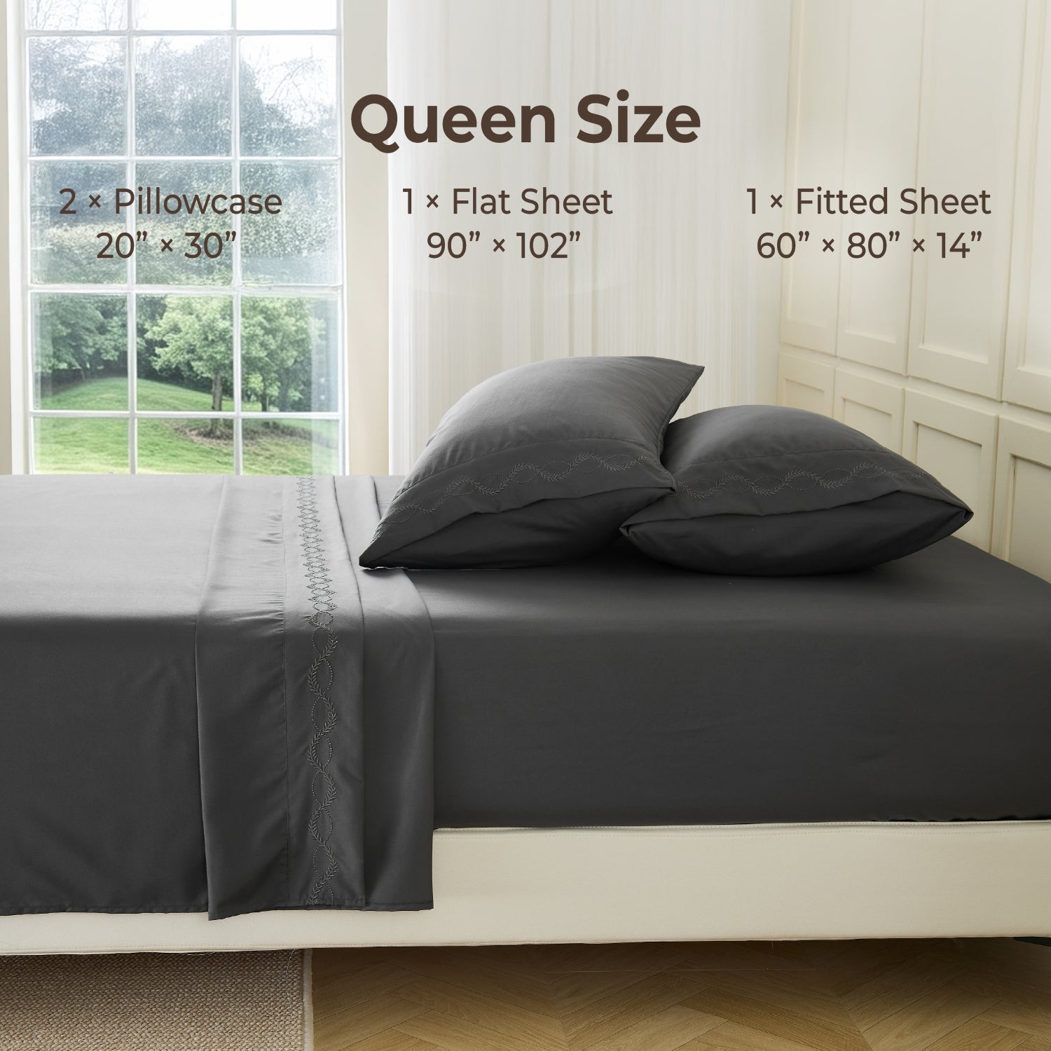 Queen Size Embroidered Leaf 4-Piece Sheet Set - LITANIKA