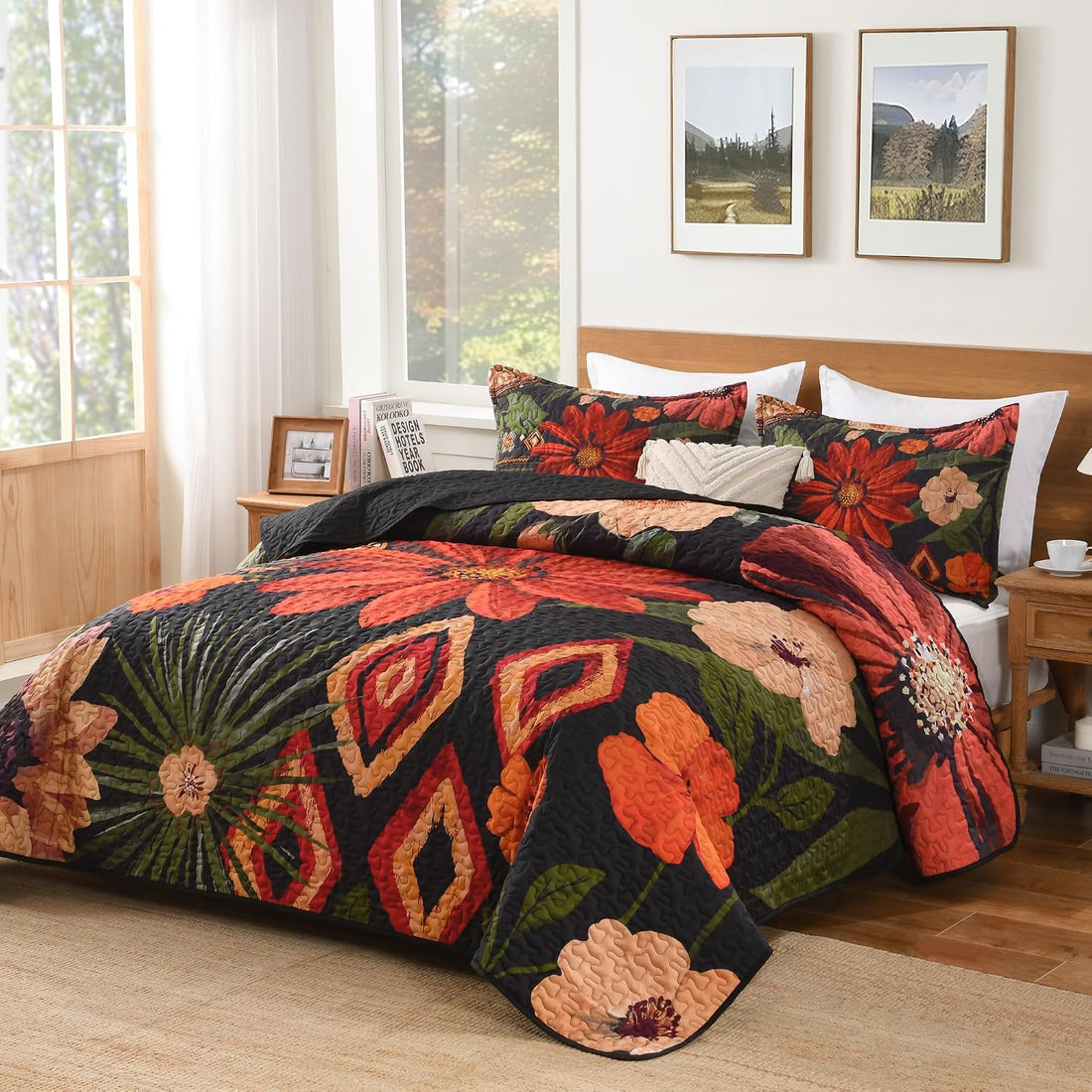 Quilt Queen Size, Black Floral Boho Summer Bedspread 3 Pieces | Brown Flower Botanical Summer Bedspreads with 2 Shams, Reversible Polyester Coverlet Set for All Seasons, 96"x90" - LITANIKA