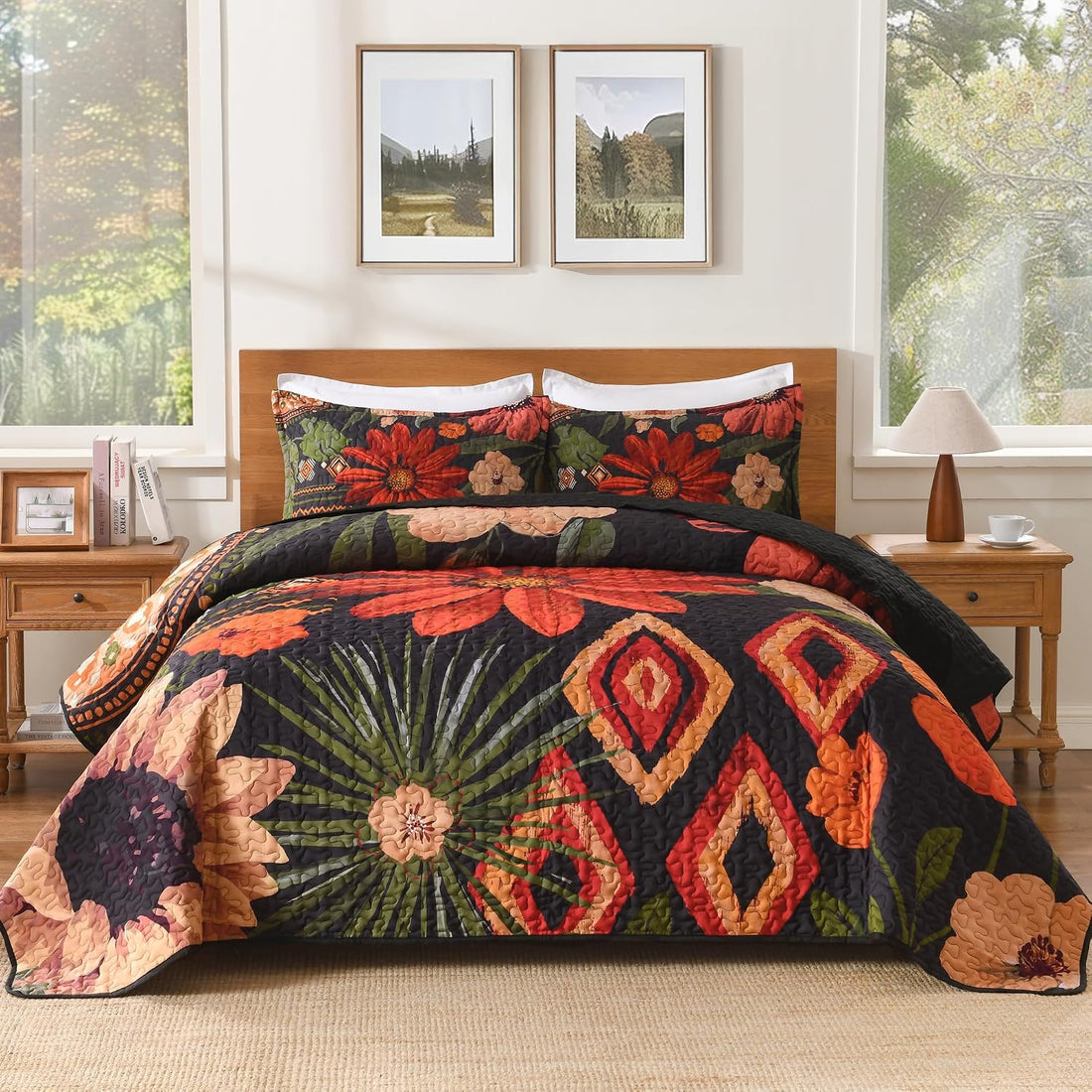 Quilt Queen Size, Black Floral Boho Summer Bedspread 3 Pieces | Brown Flower Botanical Summer Bedspreads with 2 Shams, Reversible Polyester Coverlet Set for All Seasons, 96"x90" - LITANIKA